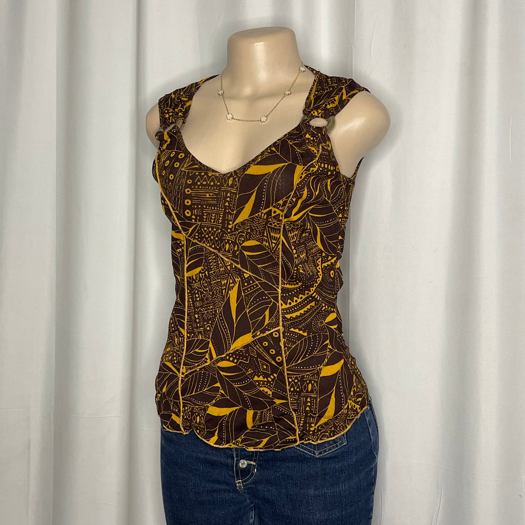 Y2K -style vintage sleeveless tank towpath tropical leaf print