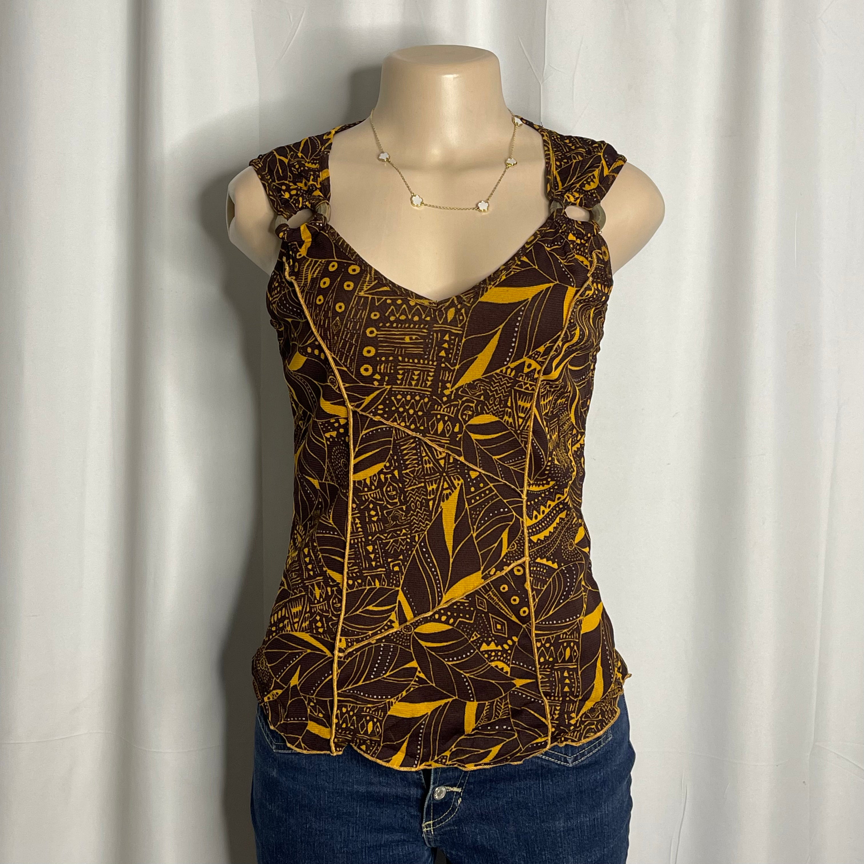 Y2K -style vintage sleeveless tank towpath tropical leaf print