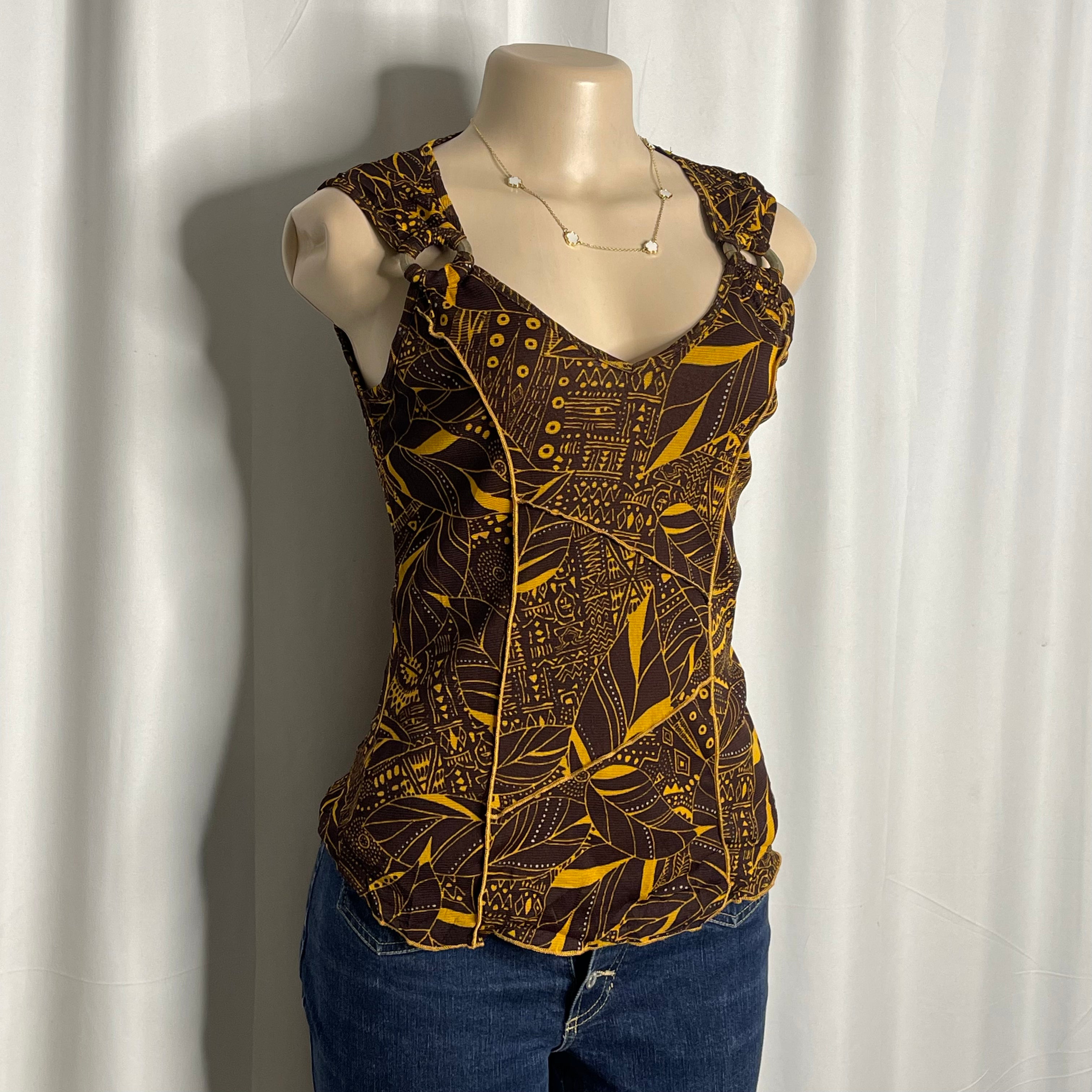Y2K -style vintage sleeveless tank towpath tropical leaf print