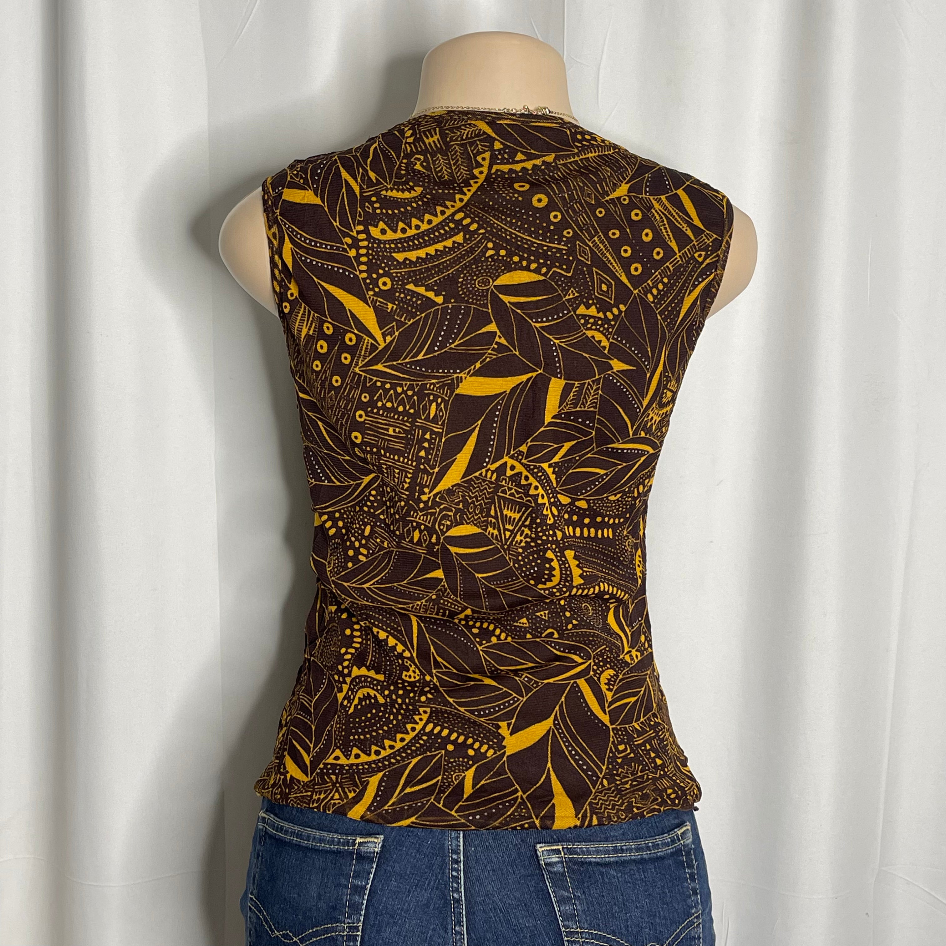 Y2K -style vintage sleeveless tank towpath tropical leaf print