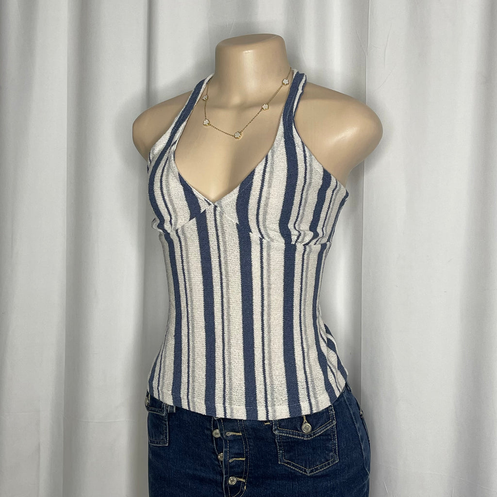 Striped halter neck top crafted in a textured light knit fabric