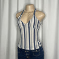 Striped halter neck top crafted in a textured light knit fabric
