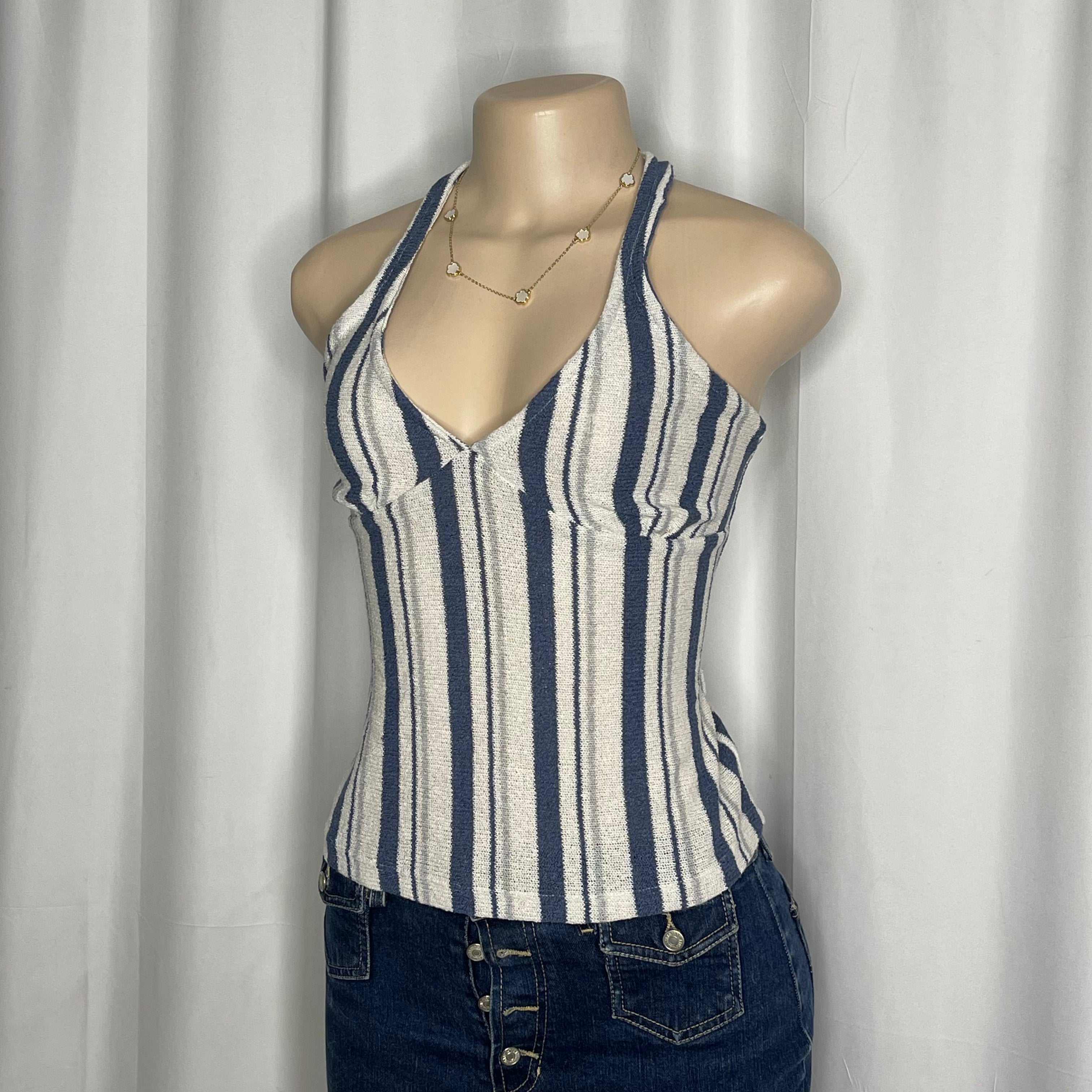 Striped halter neck top crafted in a textured light knit fabric