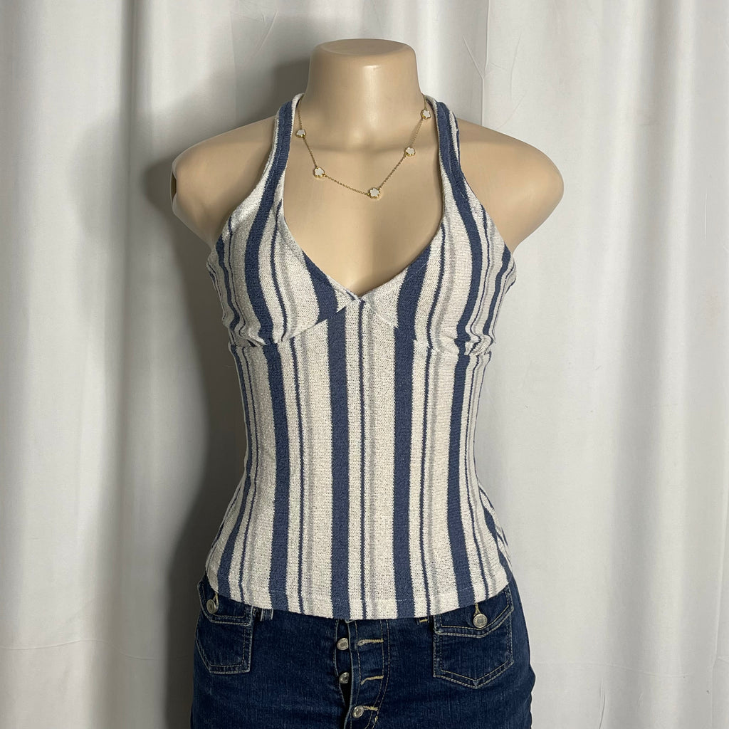 Striped halter neck top crafted in a textured light knit fabric