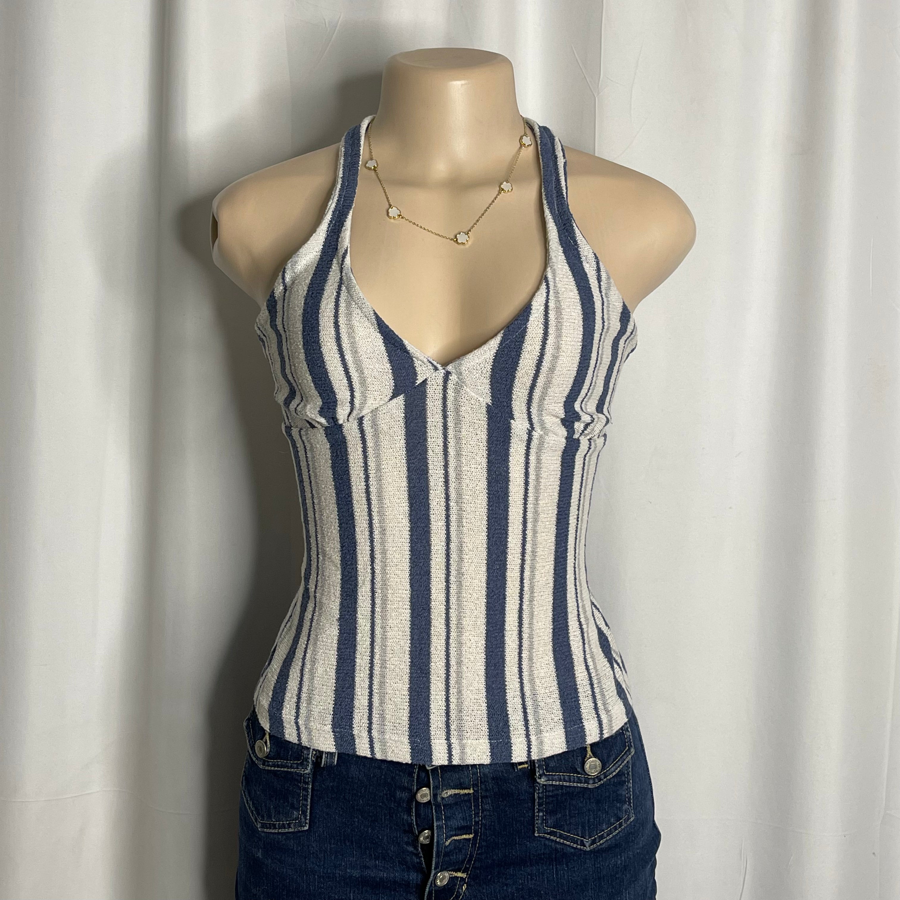 Striped halter neck top crafted in a textured light knit fabric
