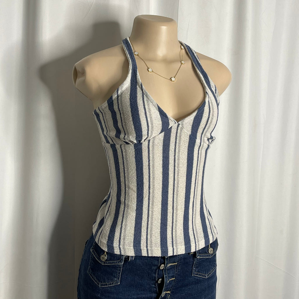 Striped halter neck top crafted in a textured light knit fabric