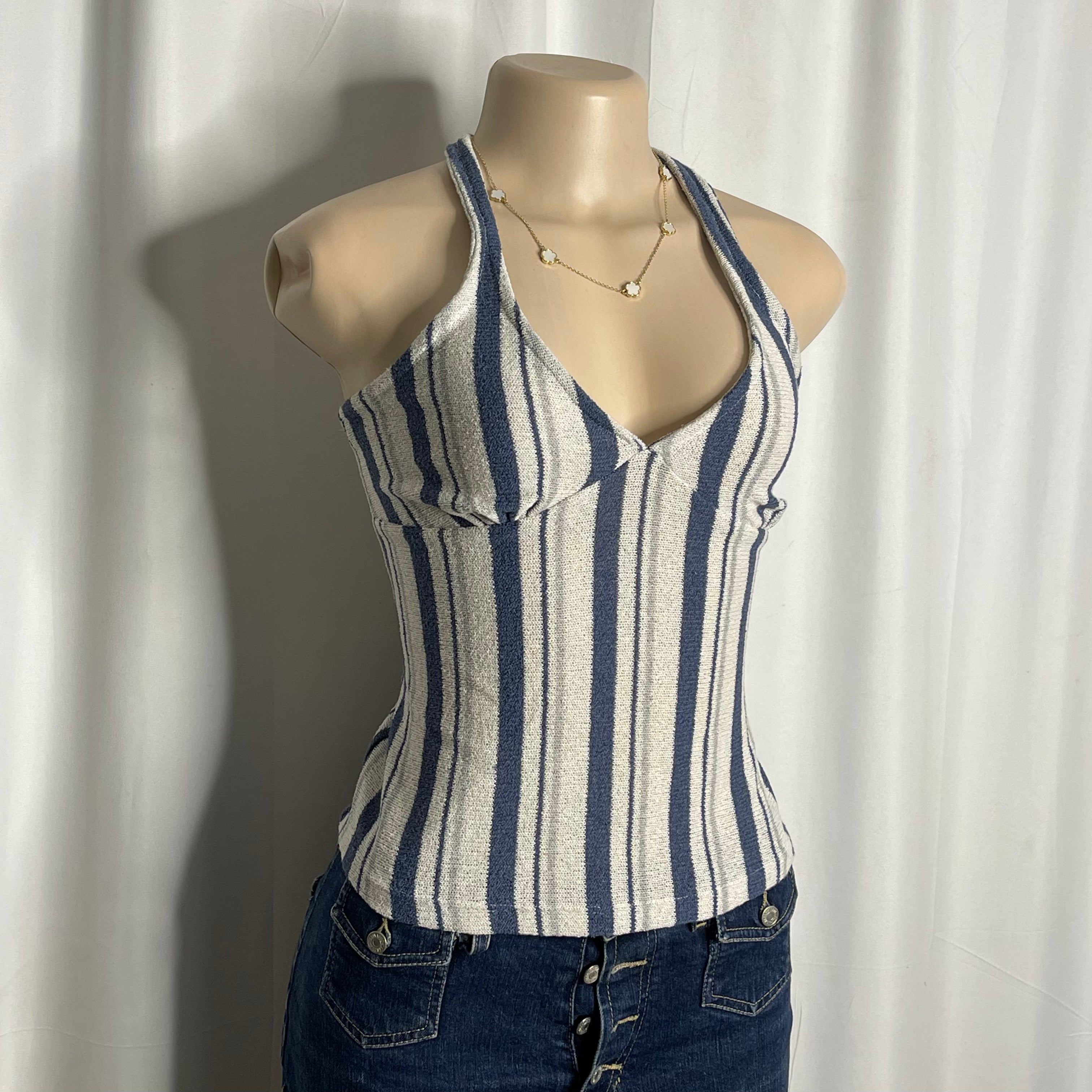 Striped halter neck top crafted in a textured light knit fabric