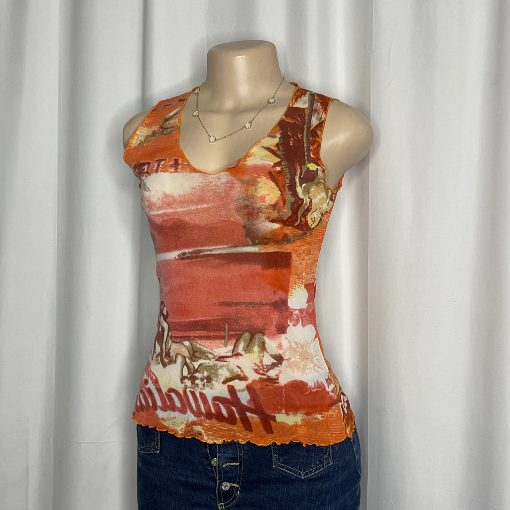 Scenic tropical beach graphic sleeveless mesh top