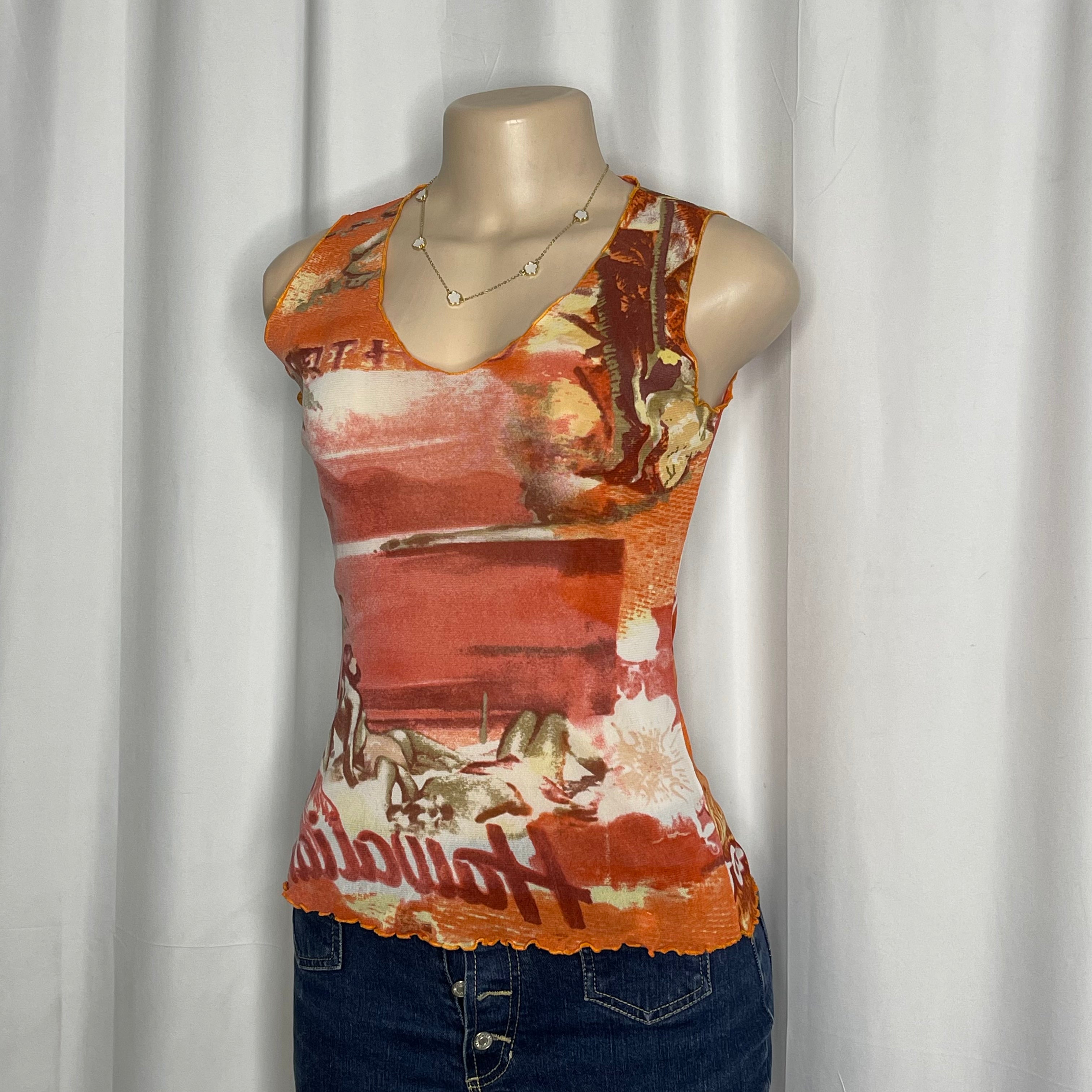 Scenic tropical beach graphic sleeveless mesh top