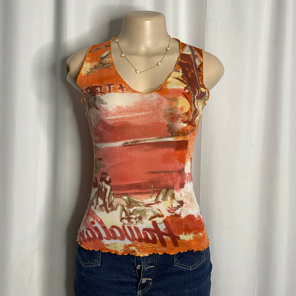 Scenic tropical beach graphic sleeveless mesh top