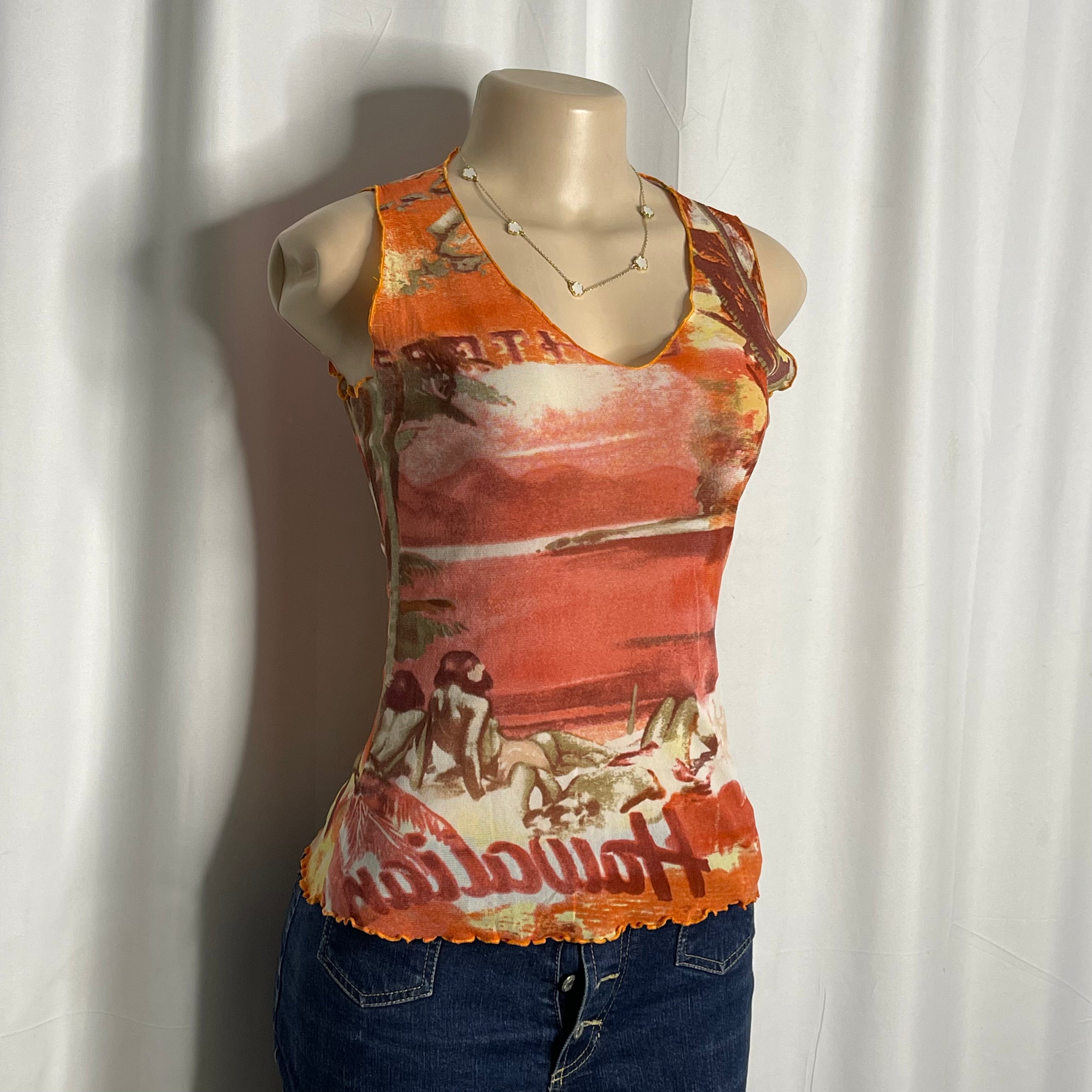 Scenic tropical beach graphic sleeveless mesh top