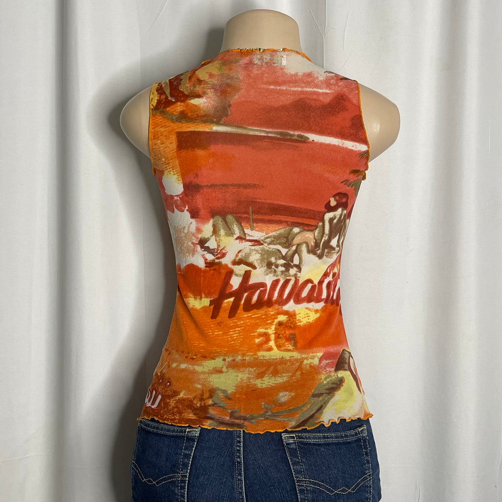 Scenic tropical beach graphic sleeveless mesh top