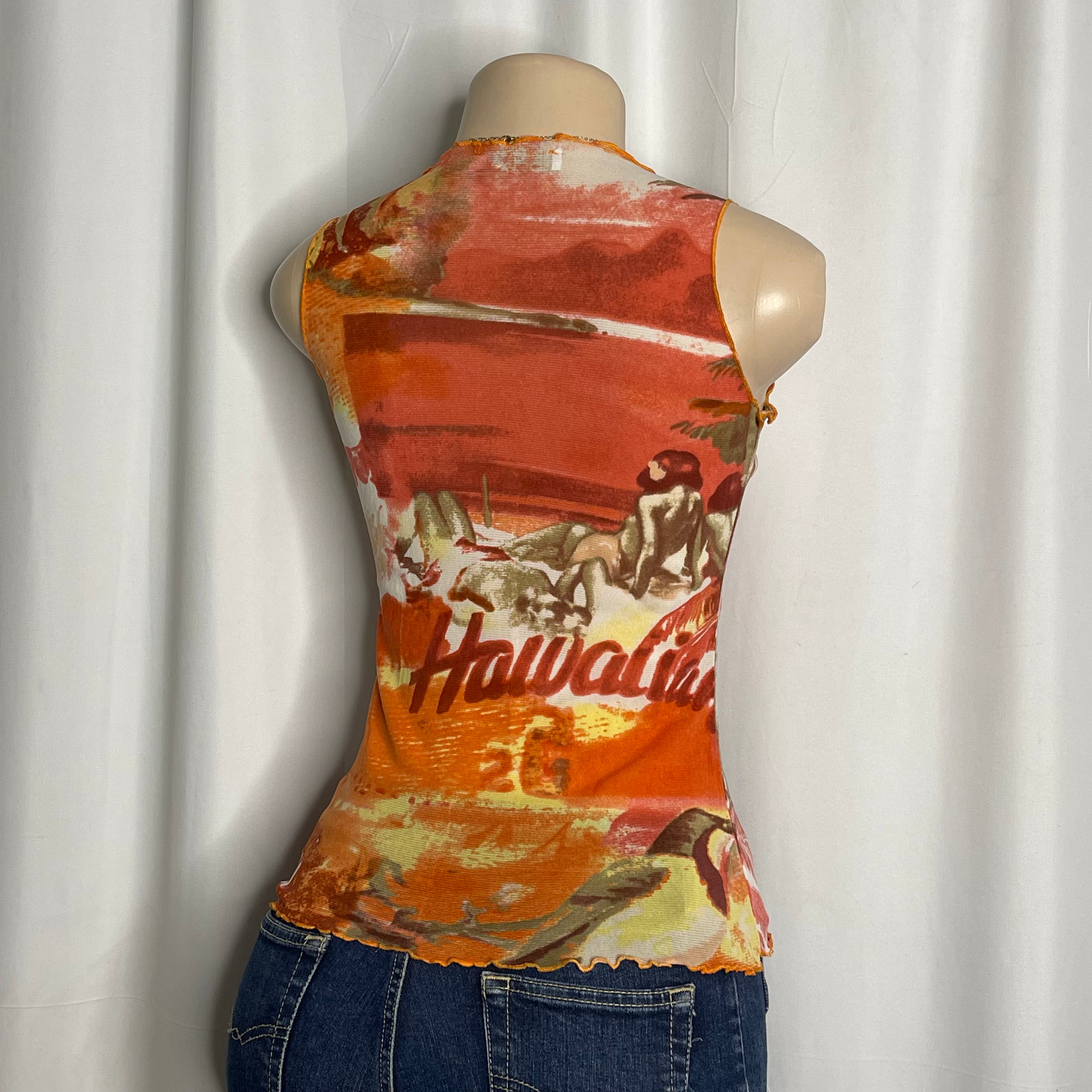 Scenic tropical beach graphic sleeveless mesh top