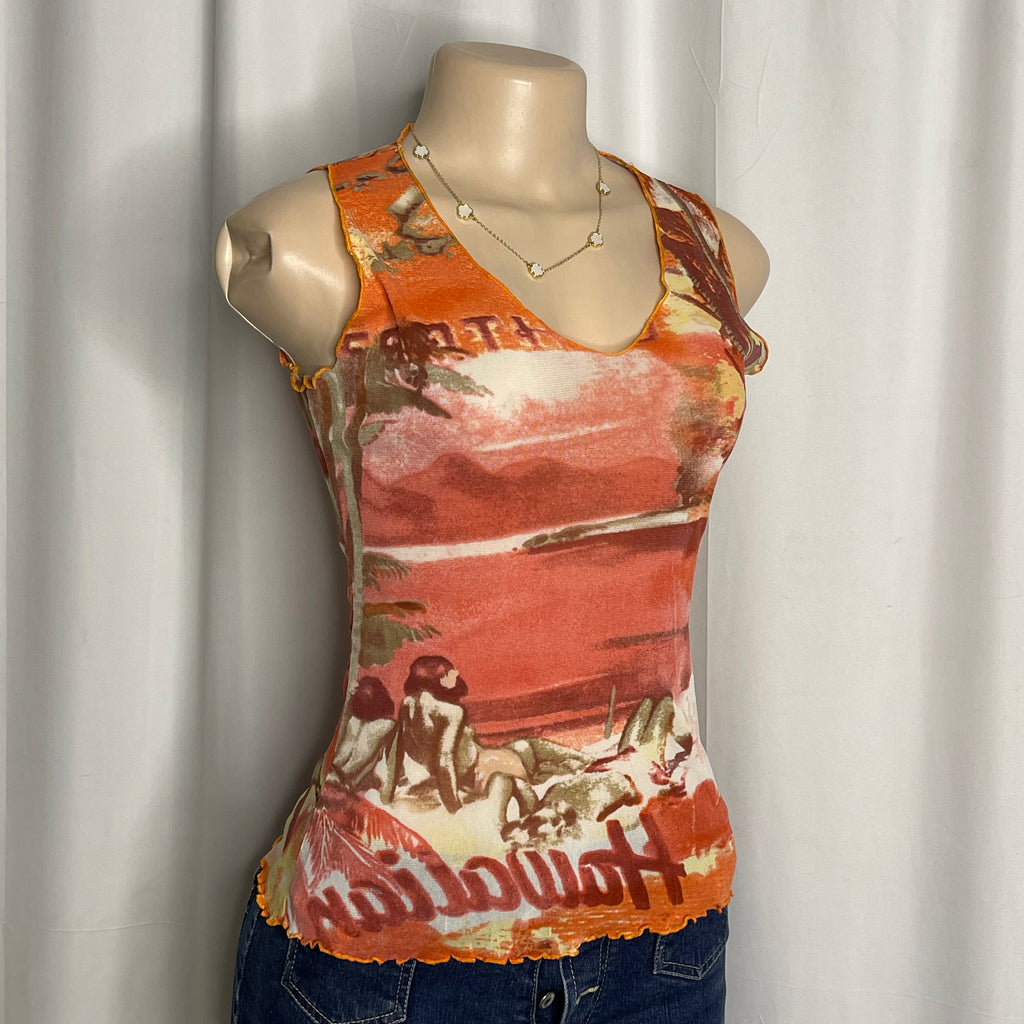 Scenic tropical beach graphic sleeveless mesh top