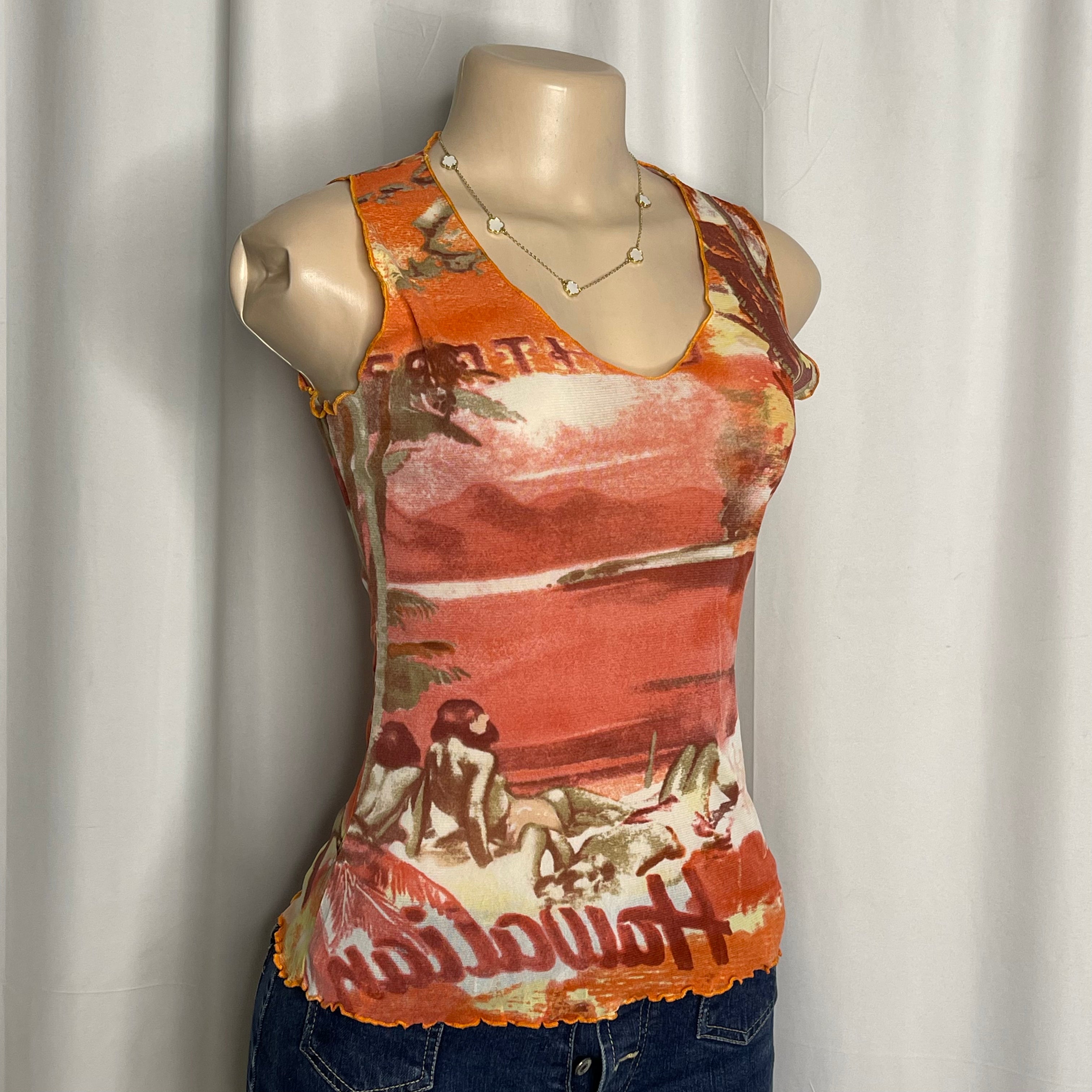 Scenic tropical beach graphic sleeveless mesh top