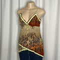 Beaded Y2K-style camisole with brown and beige floral print and v-neckline