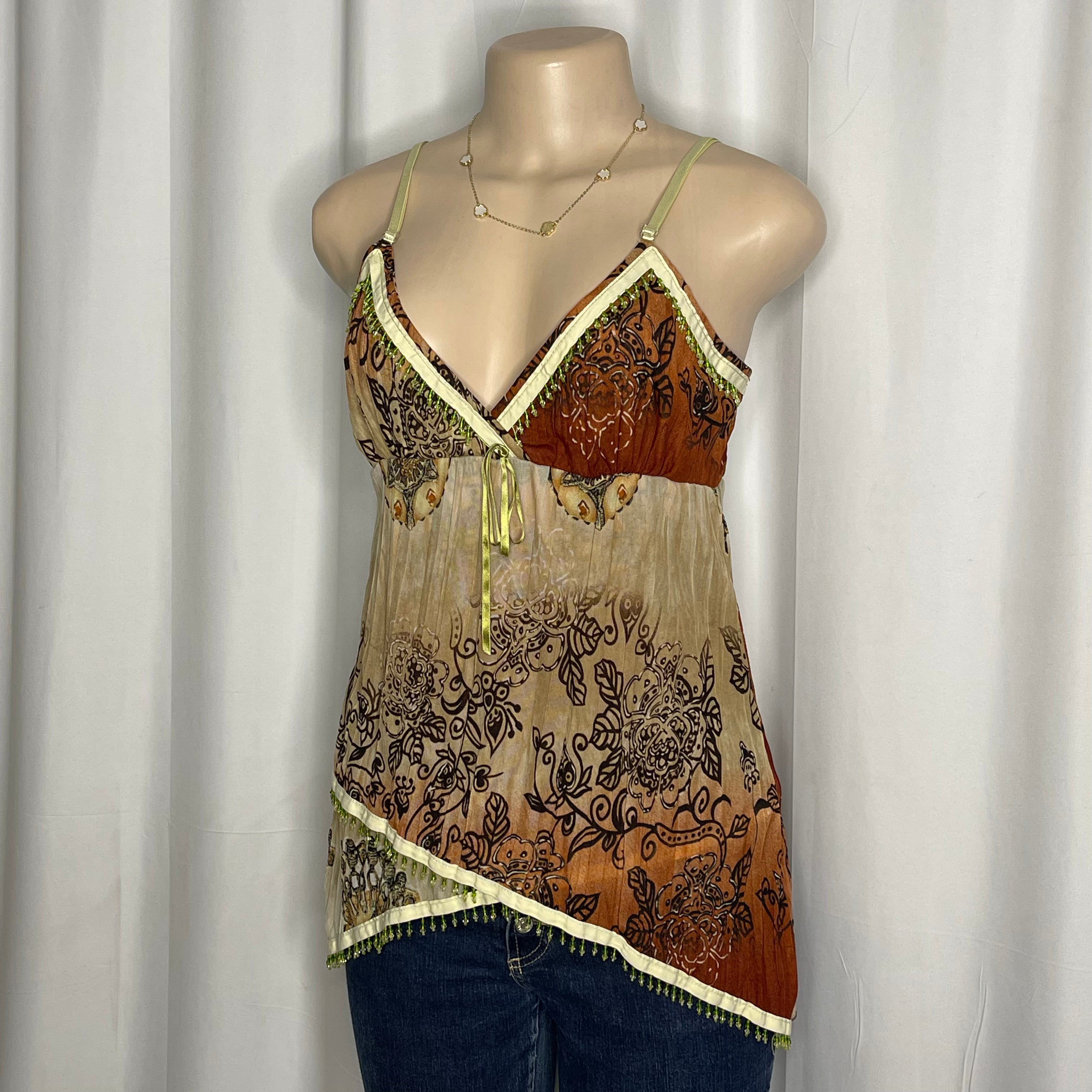 Beaded Y2K-style camisole with brown and beige floral print and v-neckline