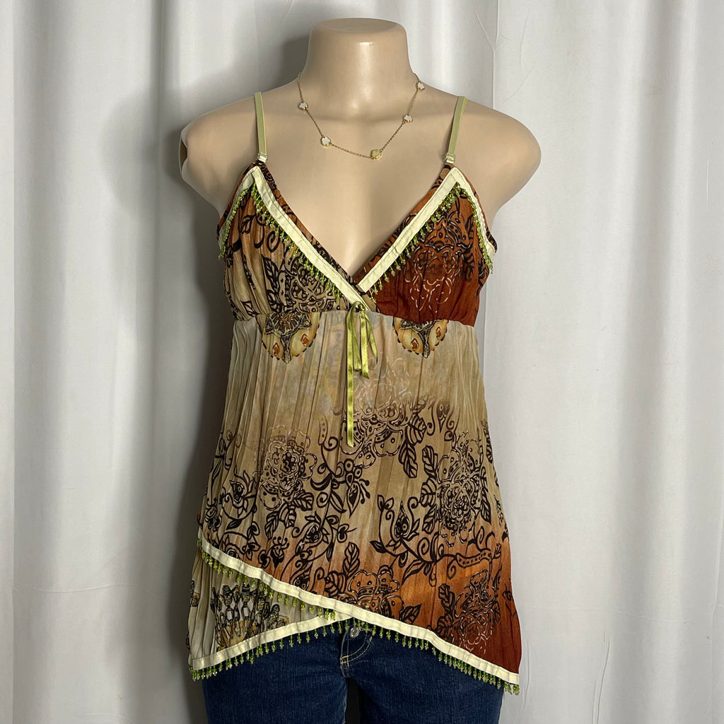 Beaded Y2K-style camisole with brown and beige floral print and v-neckline