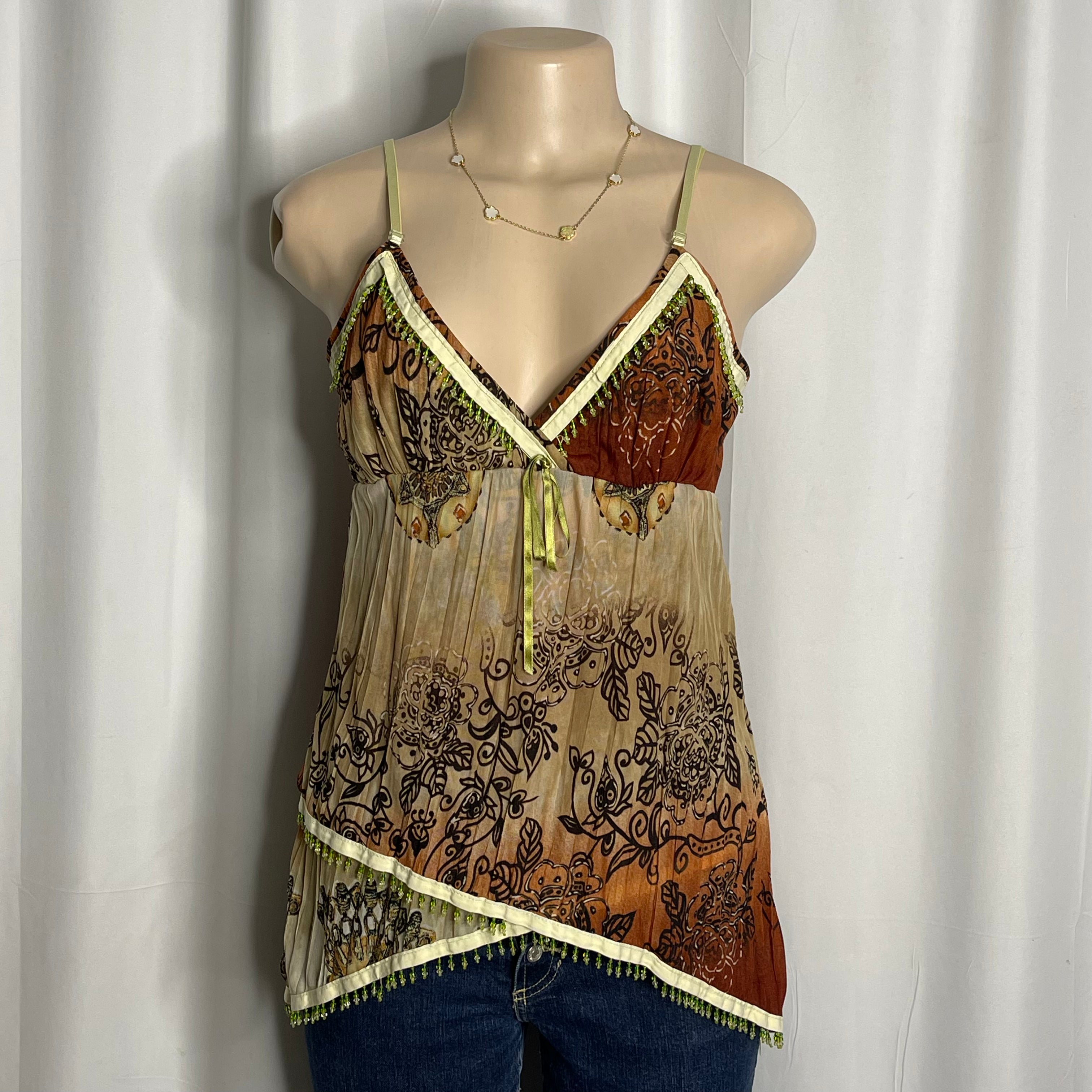 Beaded Y2K-style camisole with brown and beige floral print and v-neckline