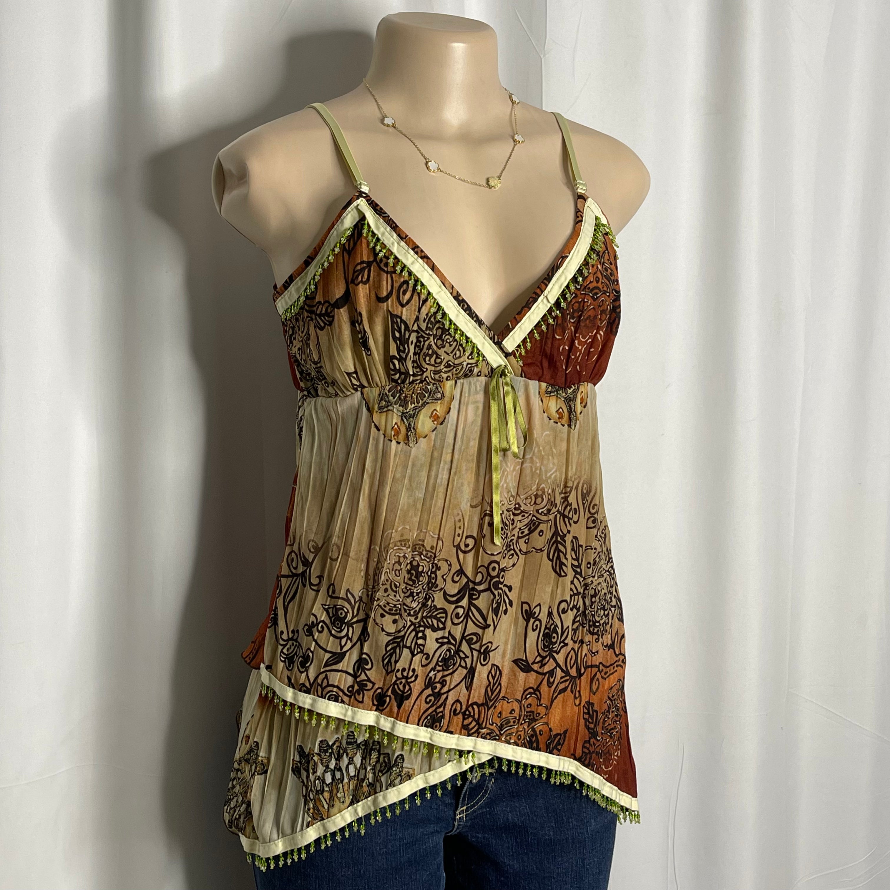 Beaded Y2K-style camisole with brown and beige floral print and v-neckline