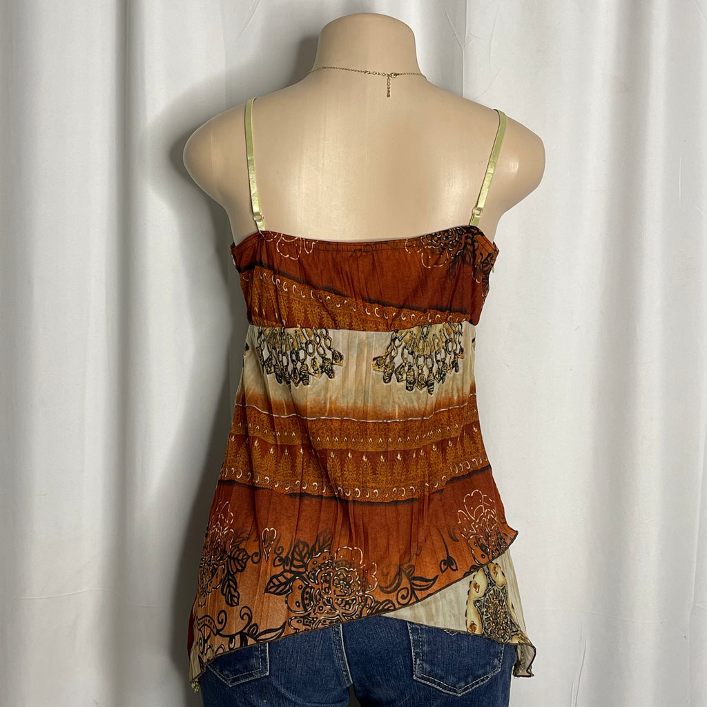 Beaded Y2K-style camisole with brown and beige floral print and v-neckline
