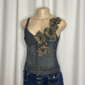 Distressed denim floral corset top with frayed rosette detailing