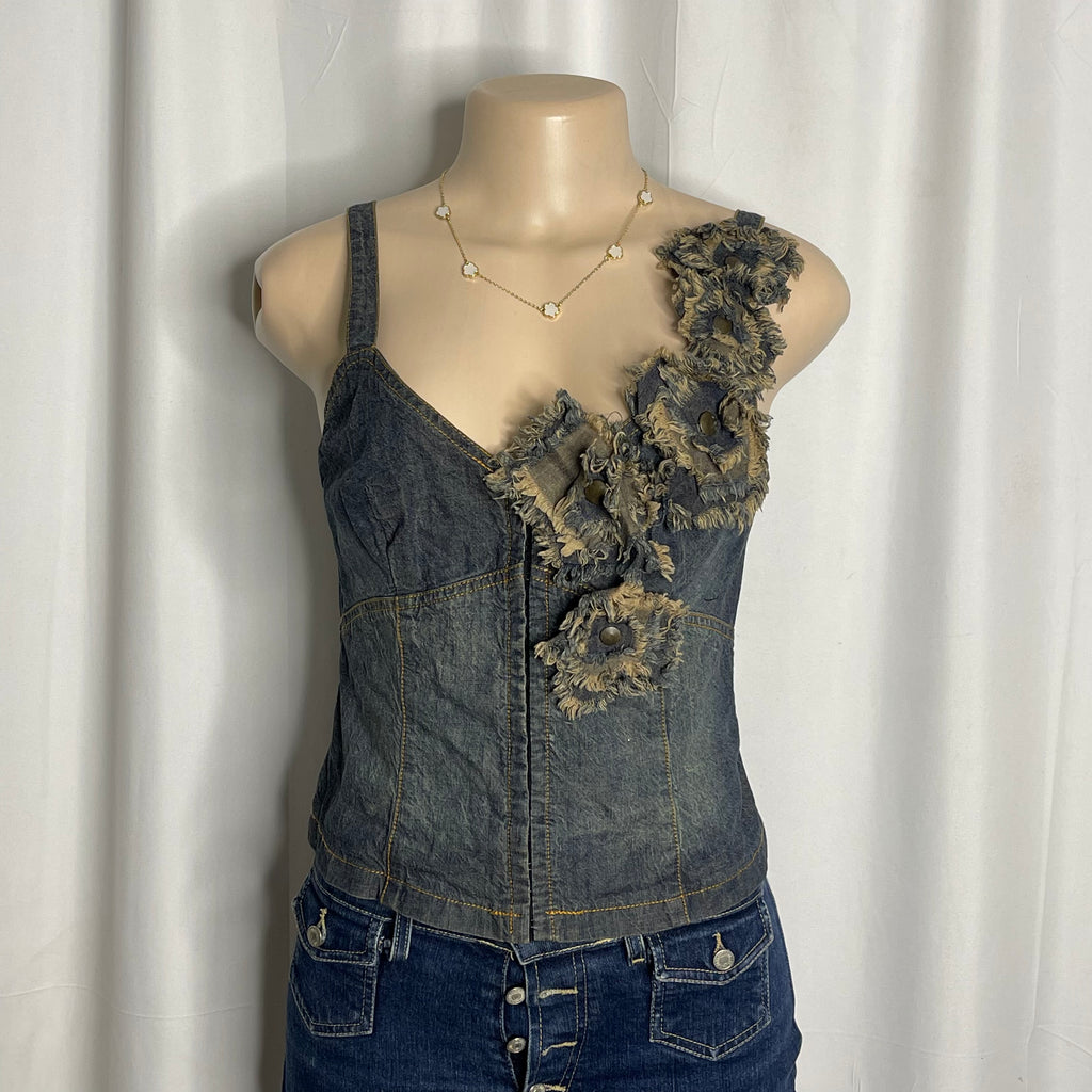 Distressed denim floral corset top with frayed rosette detailing