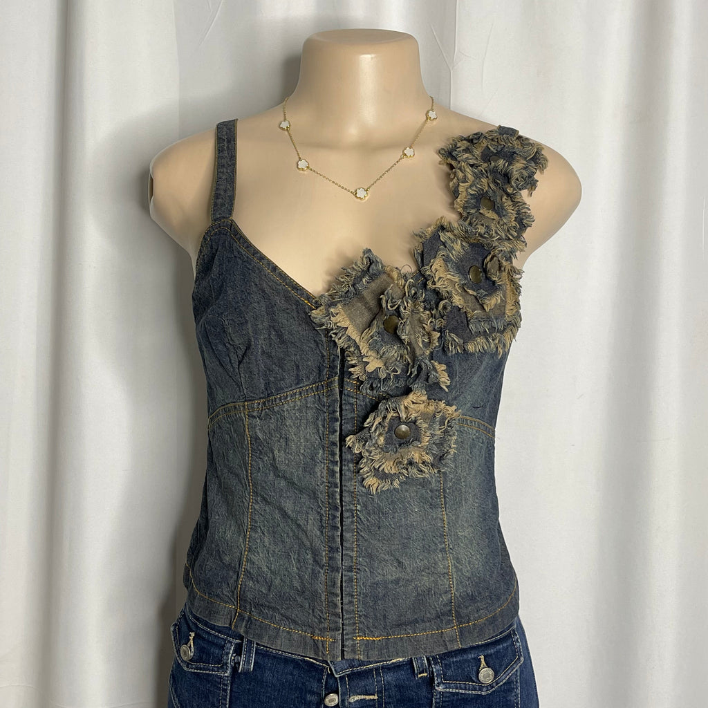 Distressed denim floral corset top with frayed rosette detailing