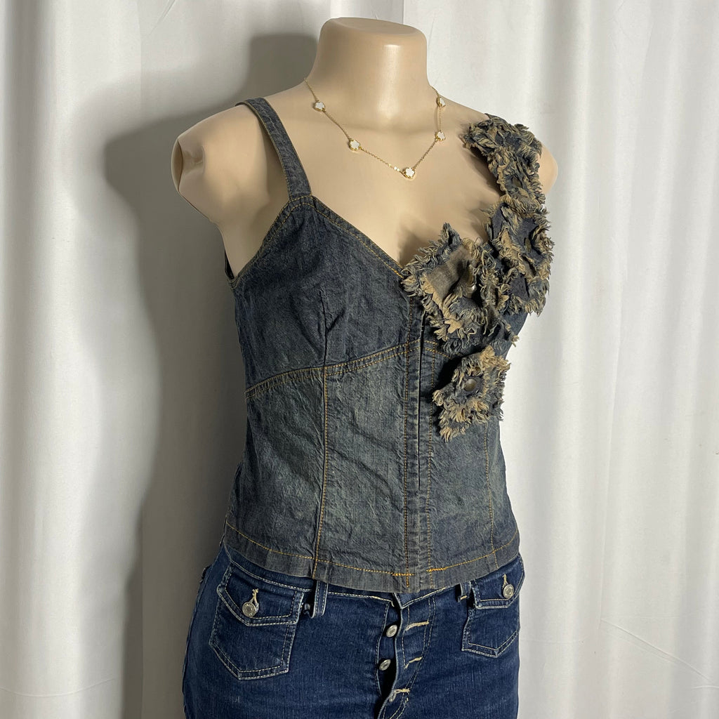 Distressed denim floral corset top with frayed rosette detailing