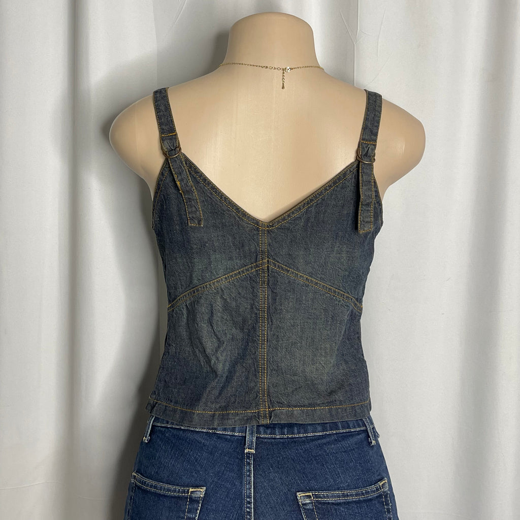 Distressed denim floral corset top with frayed rosette detailing
