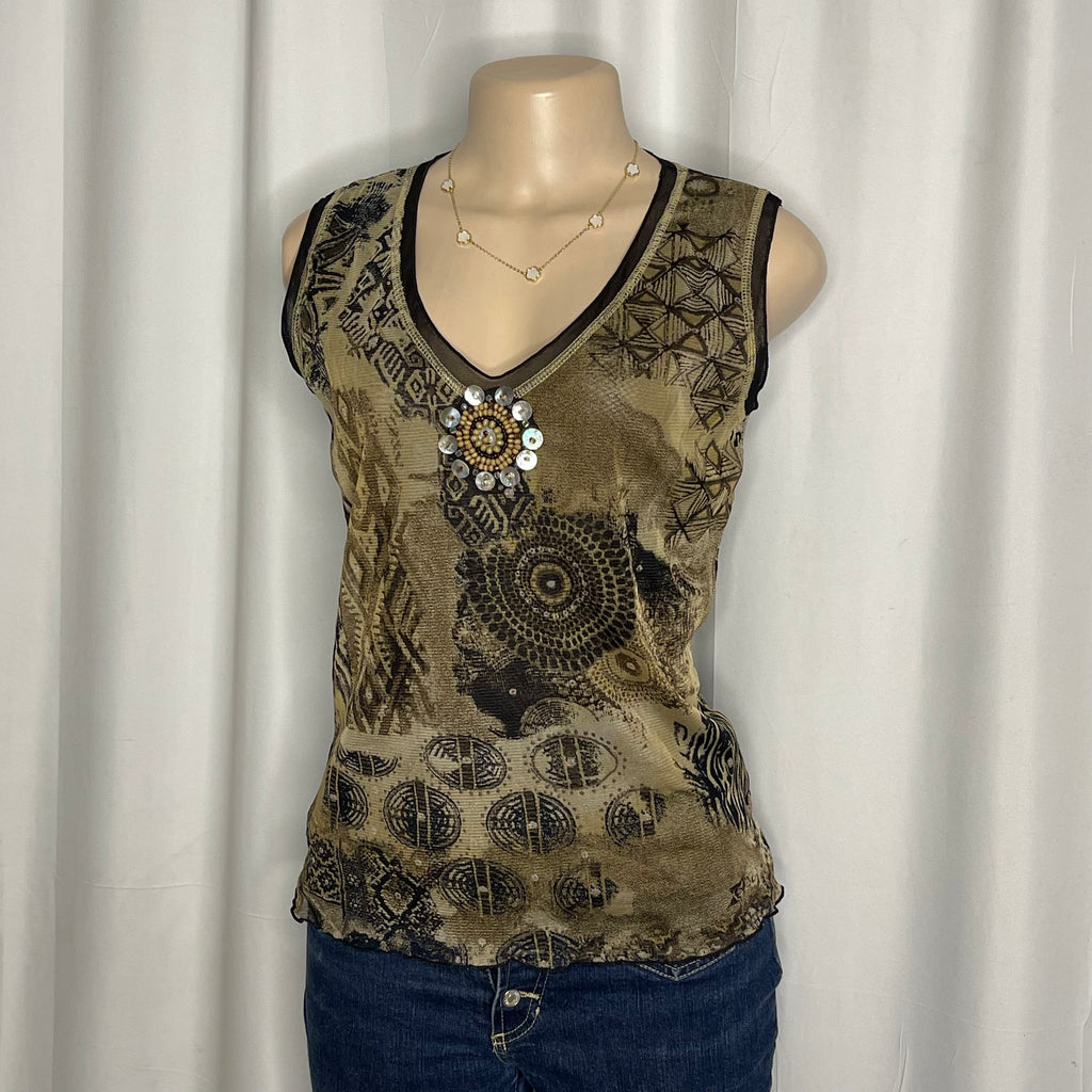 Olive green sleeveless mesh blouse with a decorative brooch