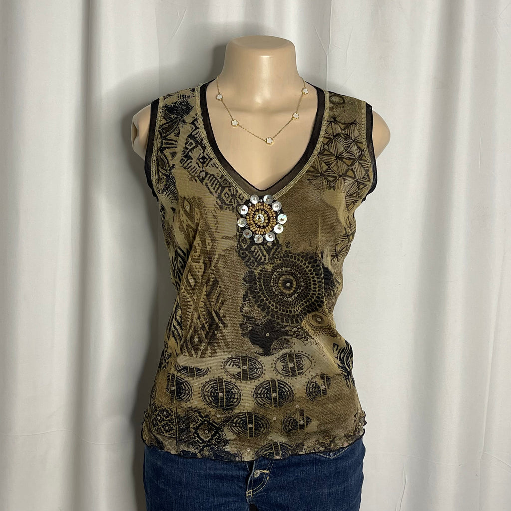Olive green sleeveless mesh blouse with a decorative brooch