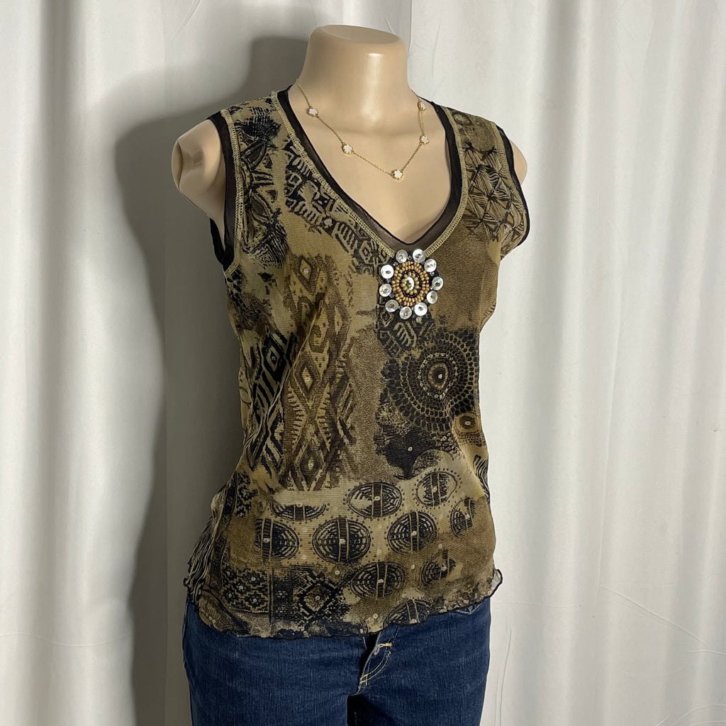 Olive green sleeveless mesh blouse with a decorative brooch