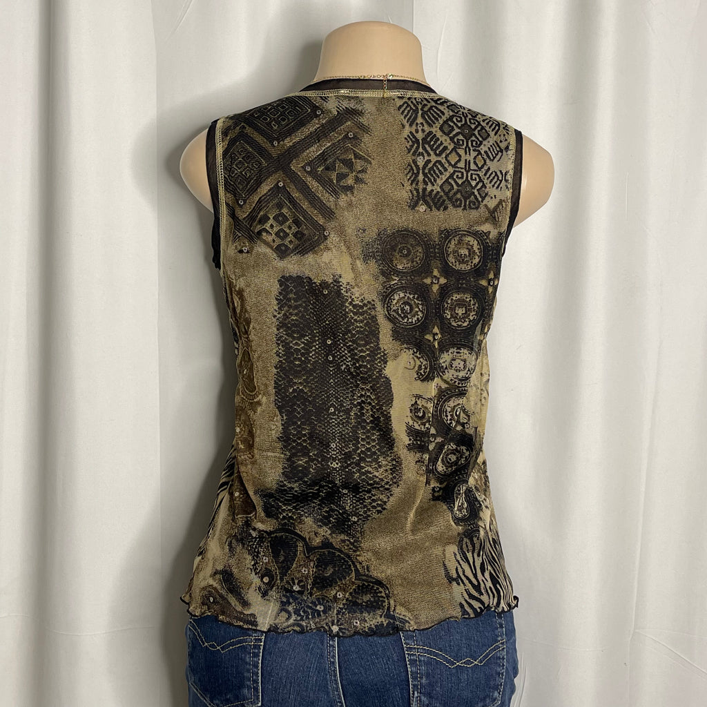 Olive green sleeveless mesh blouse with a decorative brooch