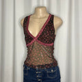 Cherry print, plunging v-neckline,pink lace trim mesh top