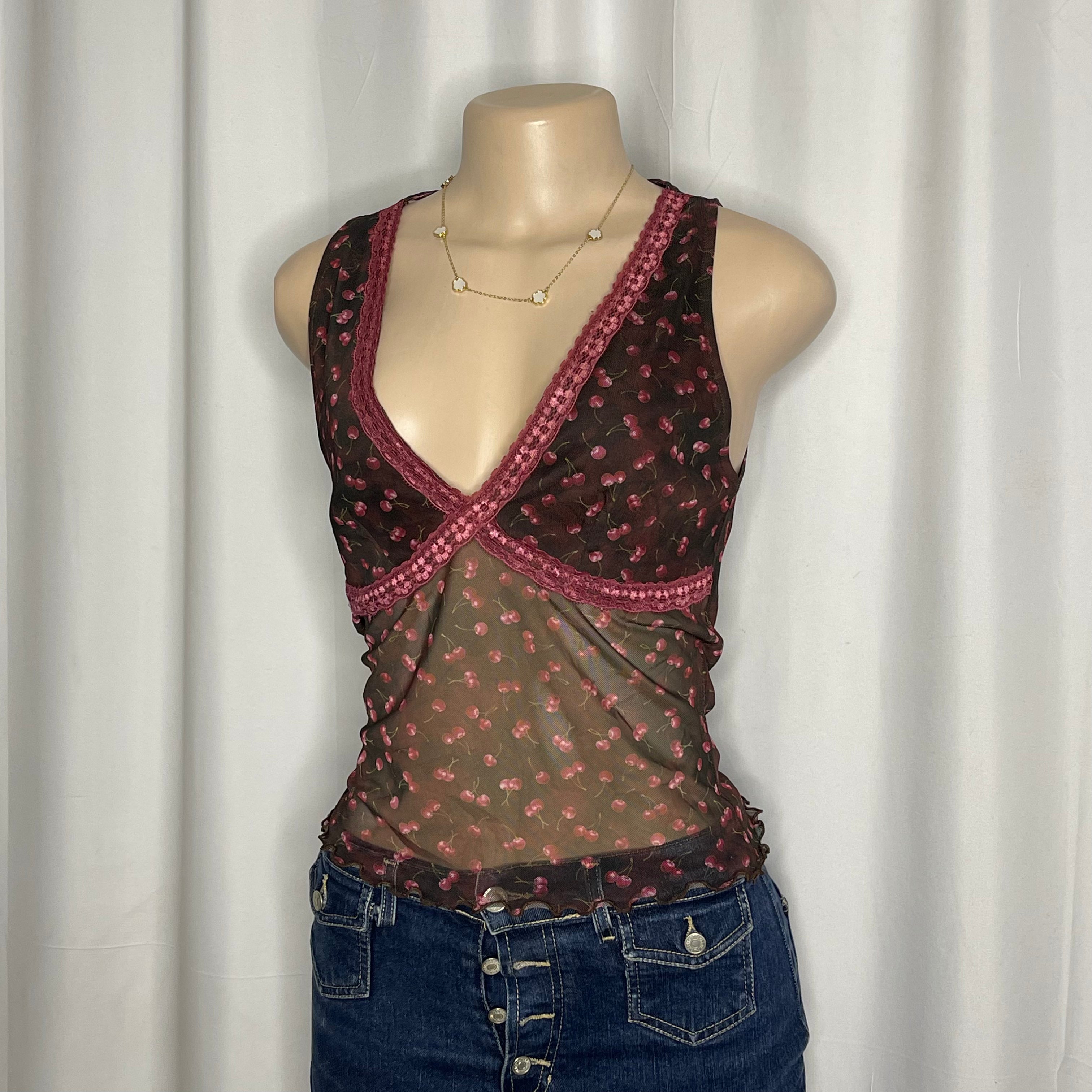 Cherry print, plunging v-neckline,pink lace trim mesh top