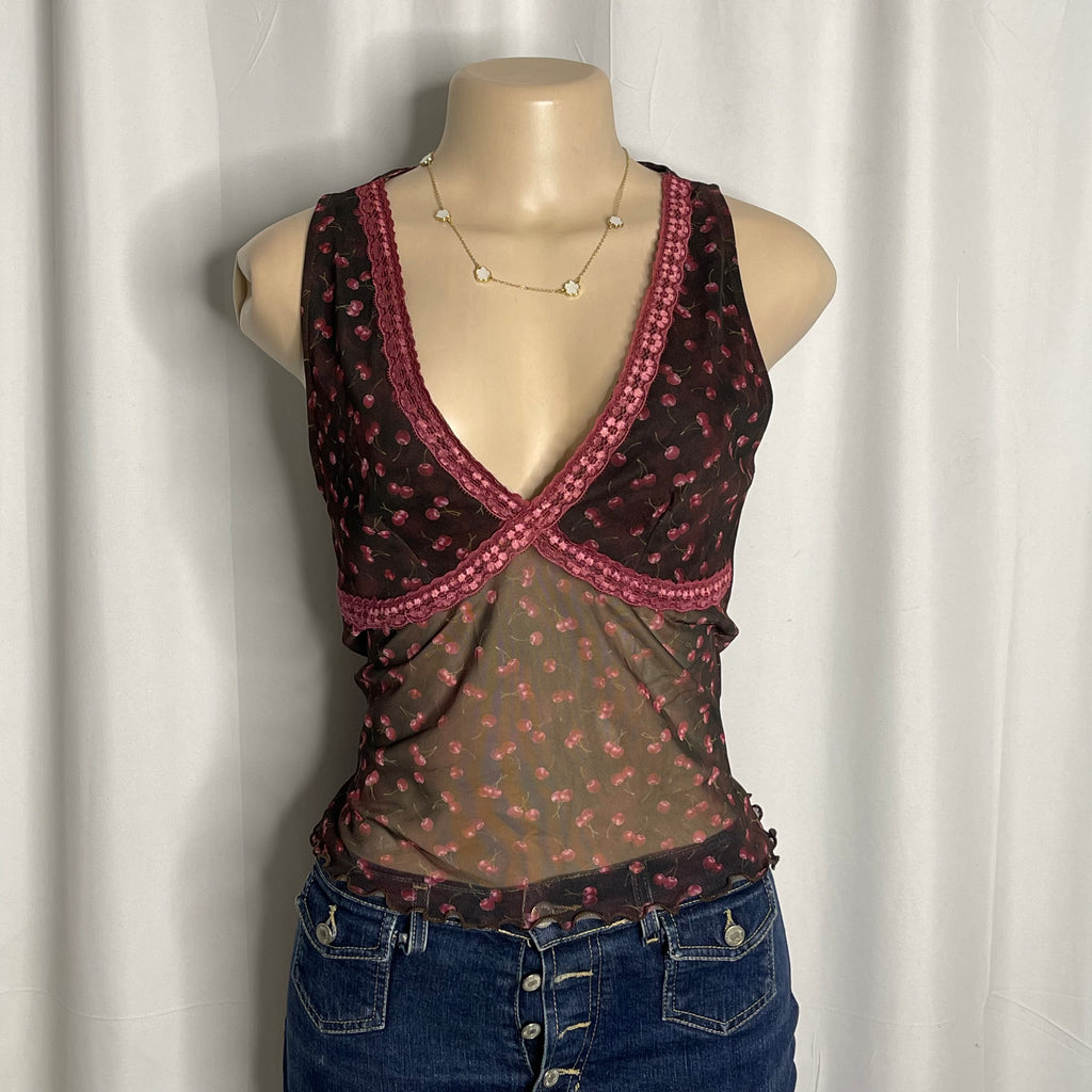 Cherry print, plunging v-neckline,pink lace trim mesh top