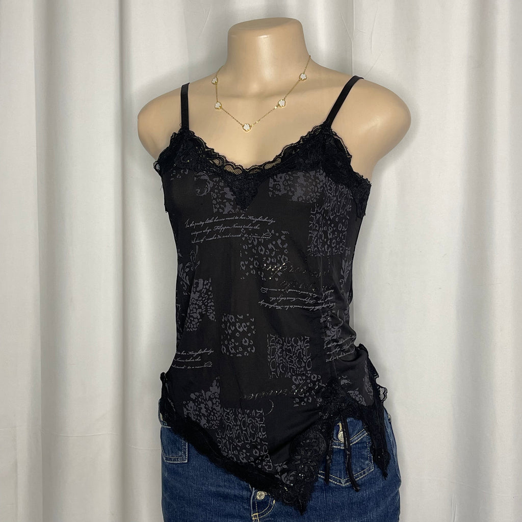 Black graphic camisole with lace trim and asymmetric hem