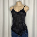 Black graphic camisole with lace trim and asymmetric hem