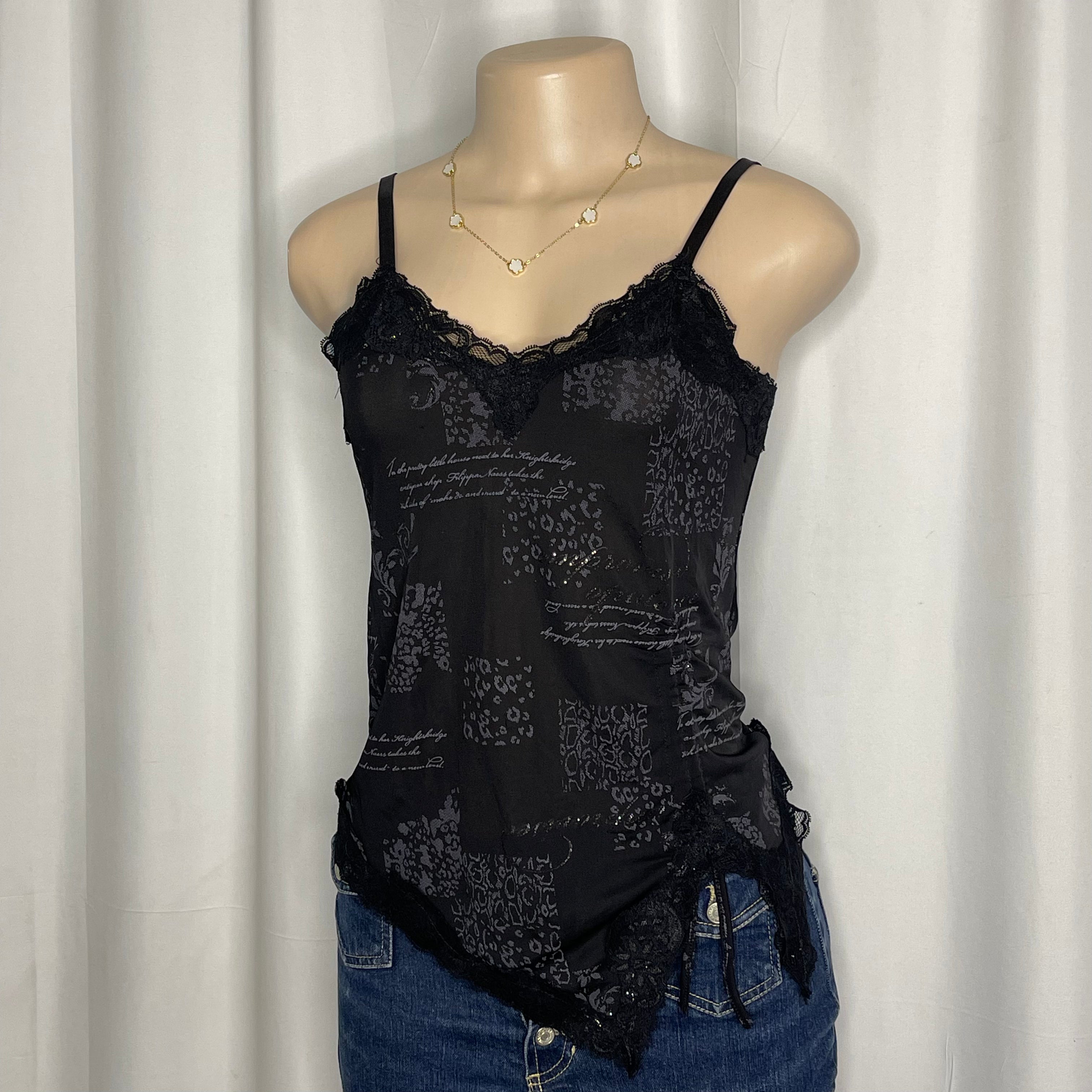 Black graphic camisole with lace trim and asymmetric hem