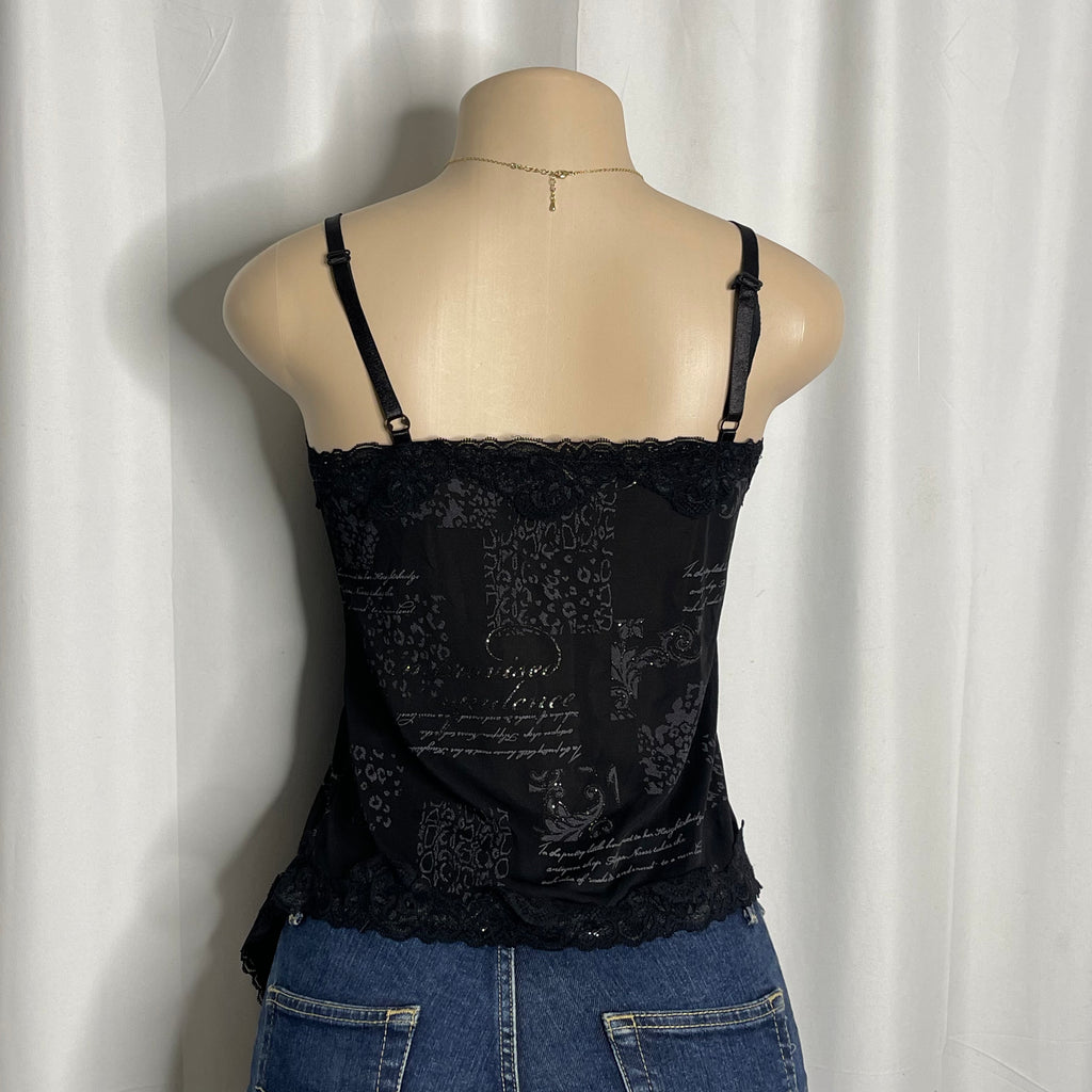 Black graphic camisole with lace trim and asymmetric hem