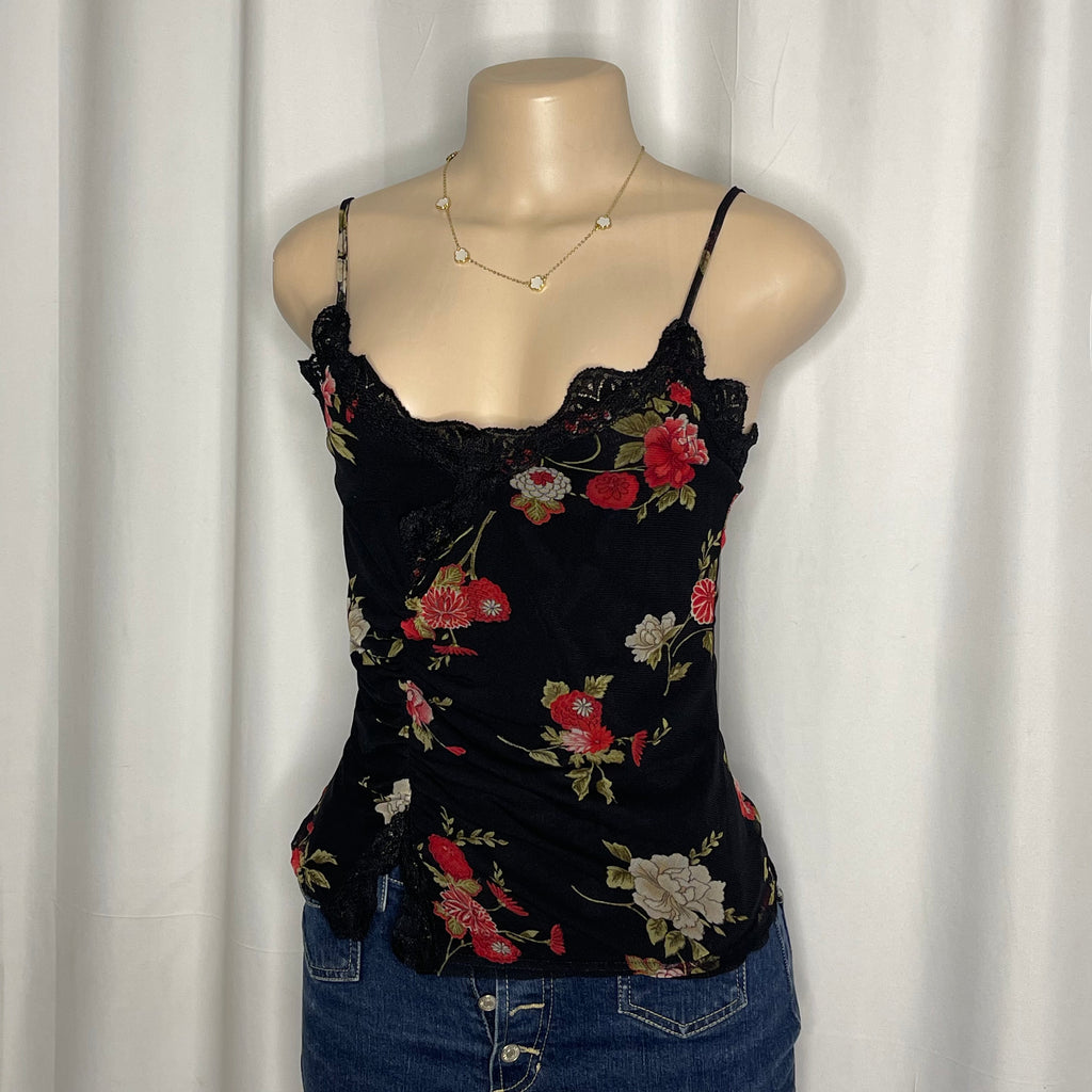 Black floral print lace mesh cami top