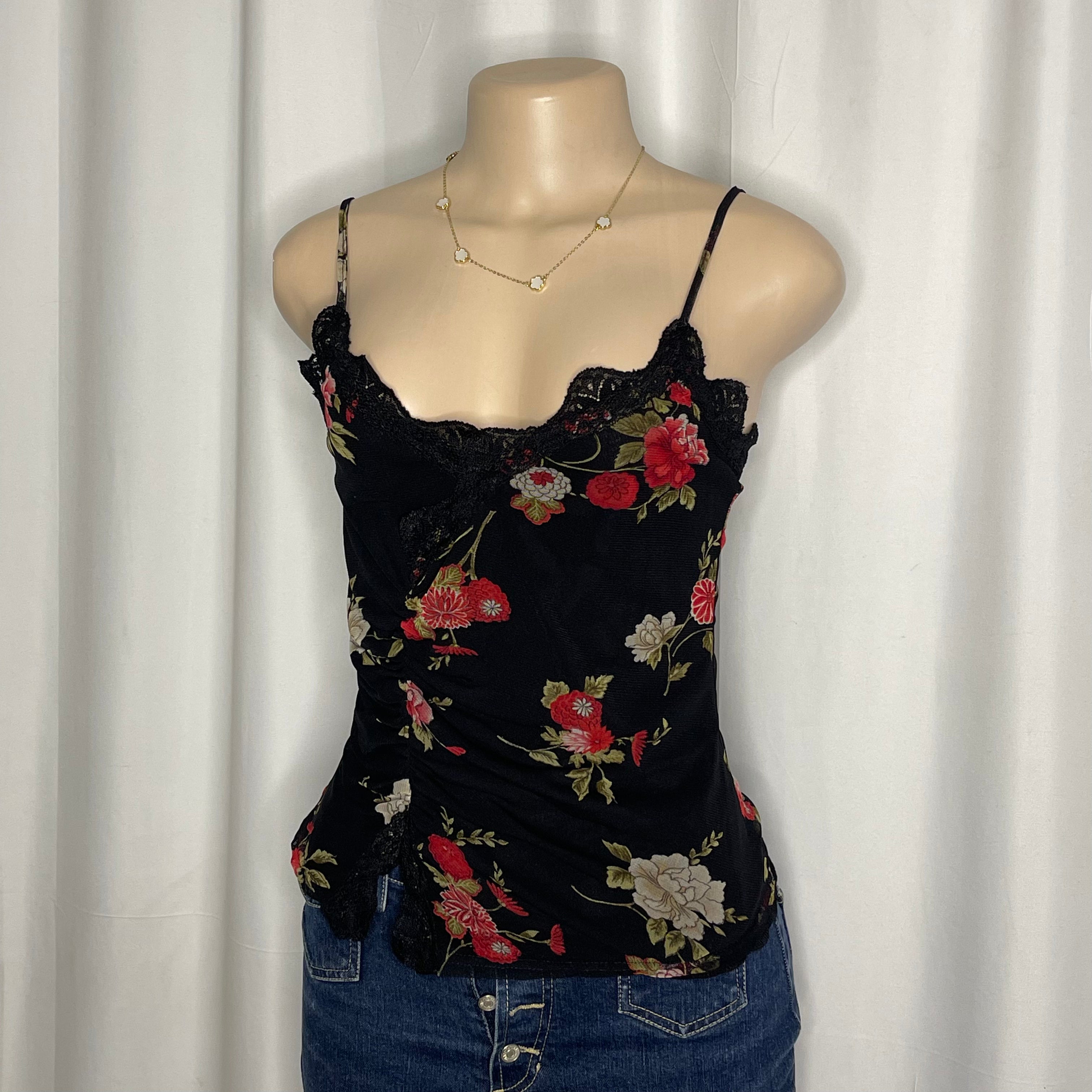 Black floral print lace mesh cami top