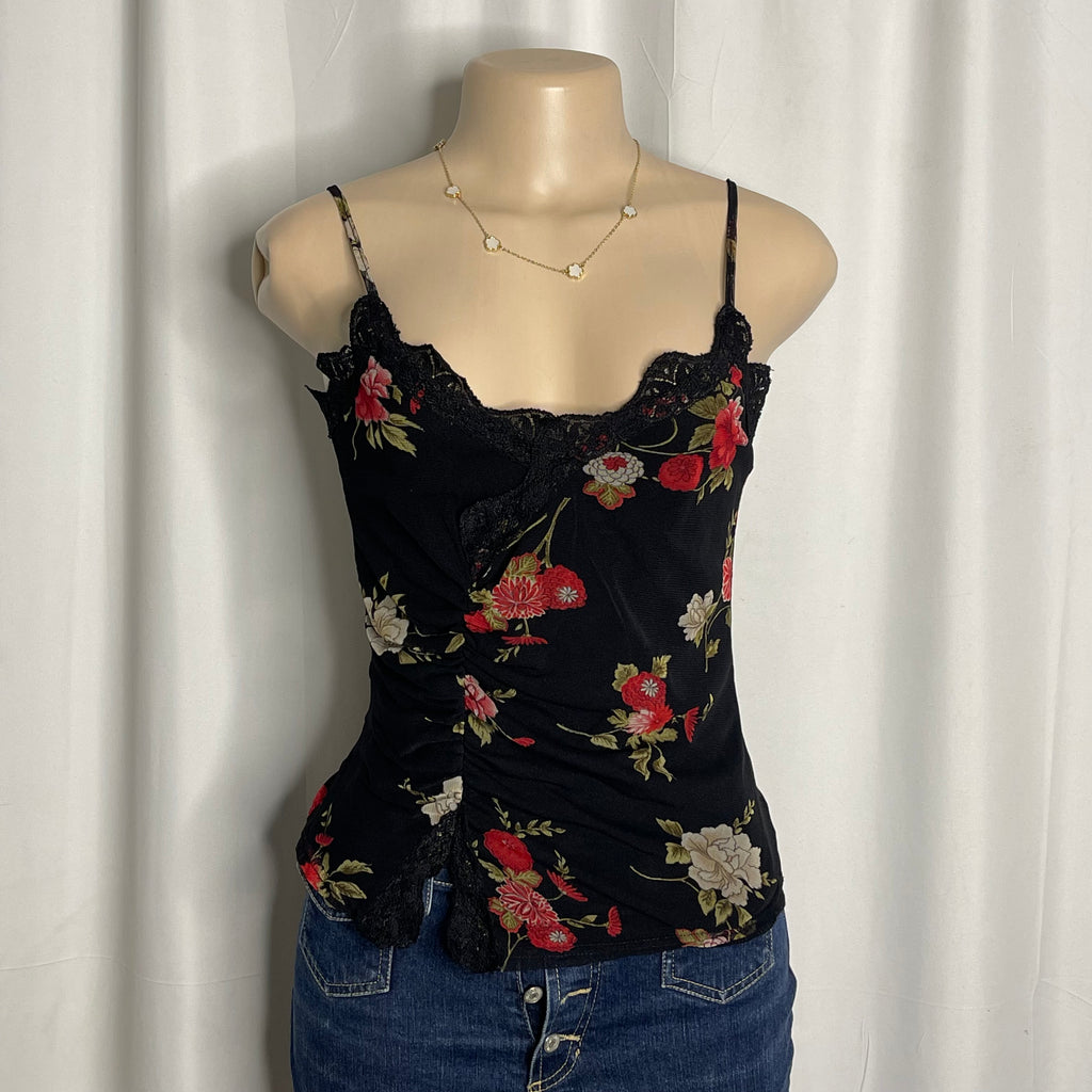 Black floral print lace mesh cami top