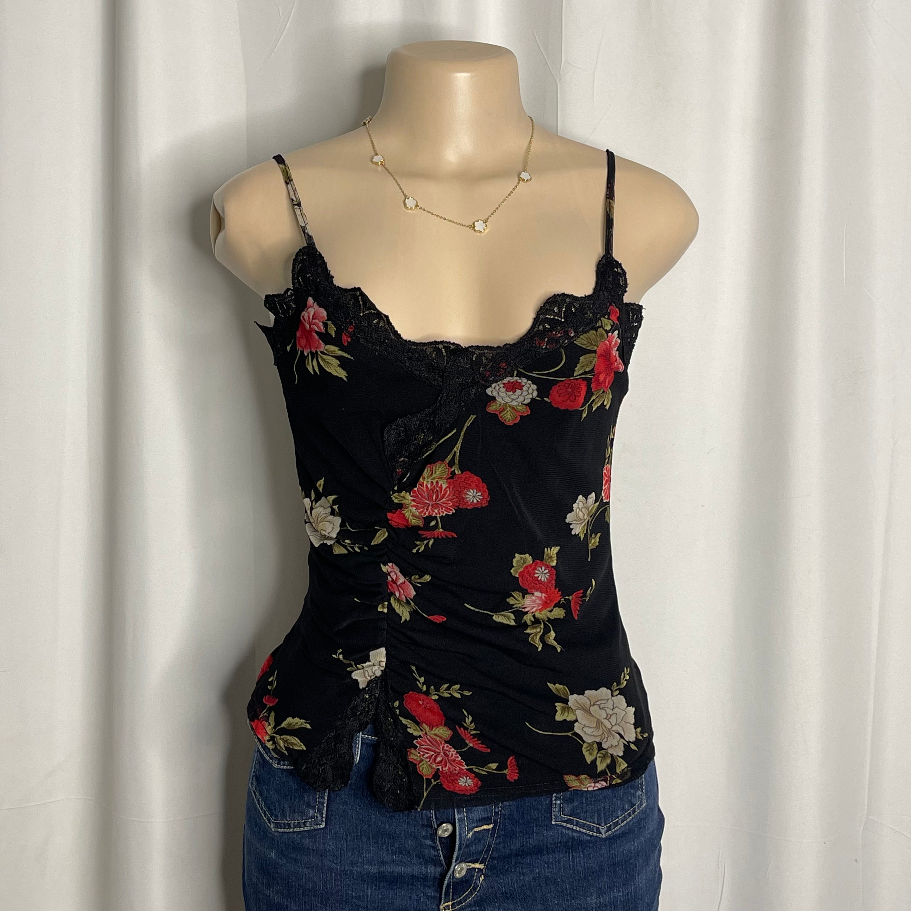Black floral print lace mesh cami top