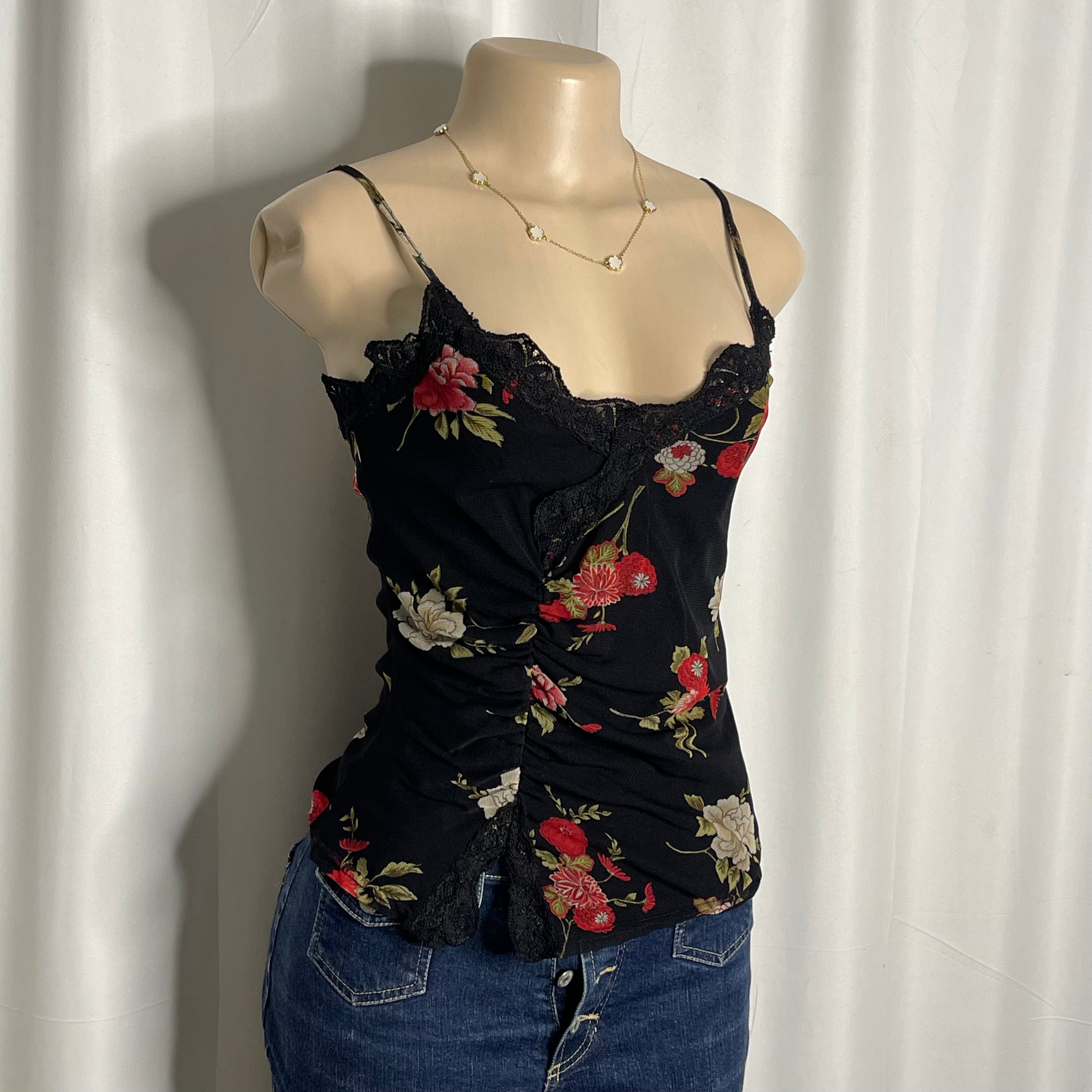 Black floral print lace mesh cami top