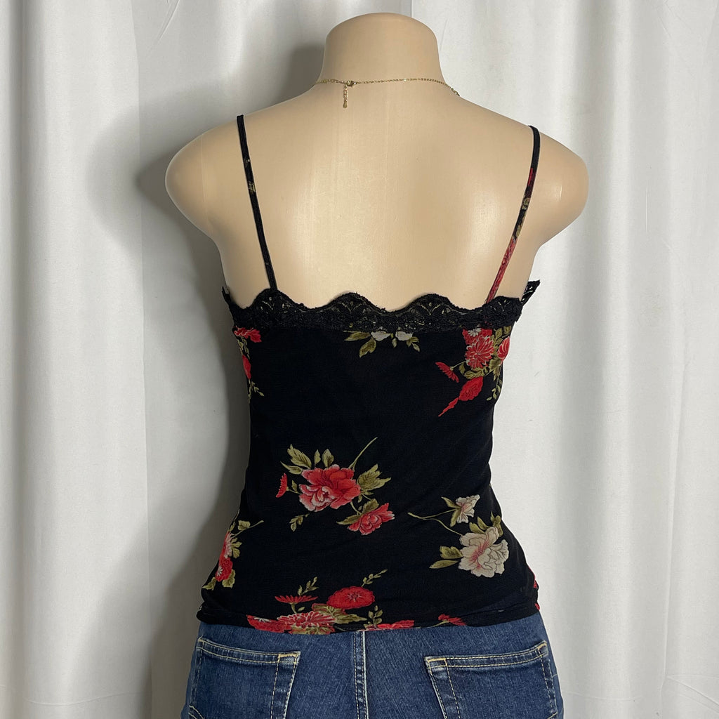Black floral print lace mesh cami top
