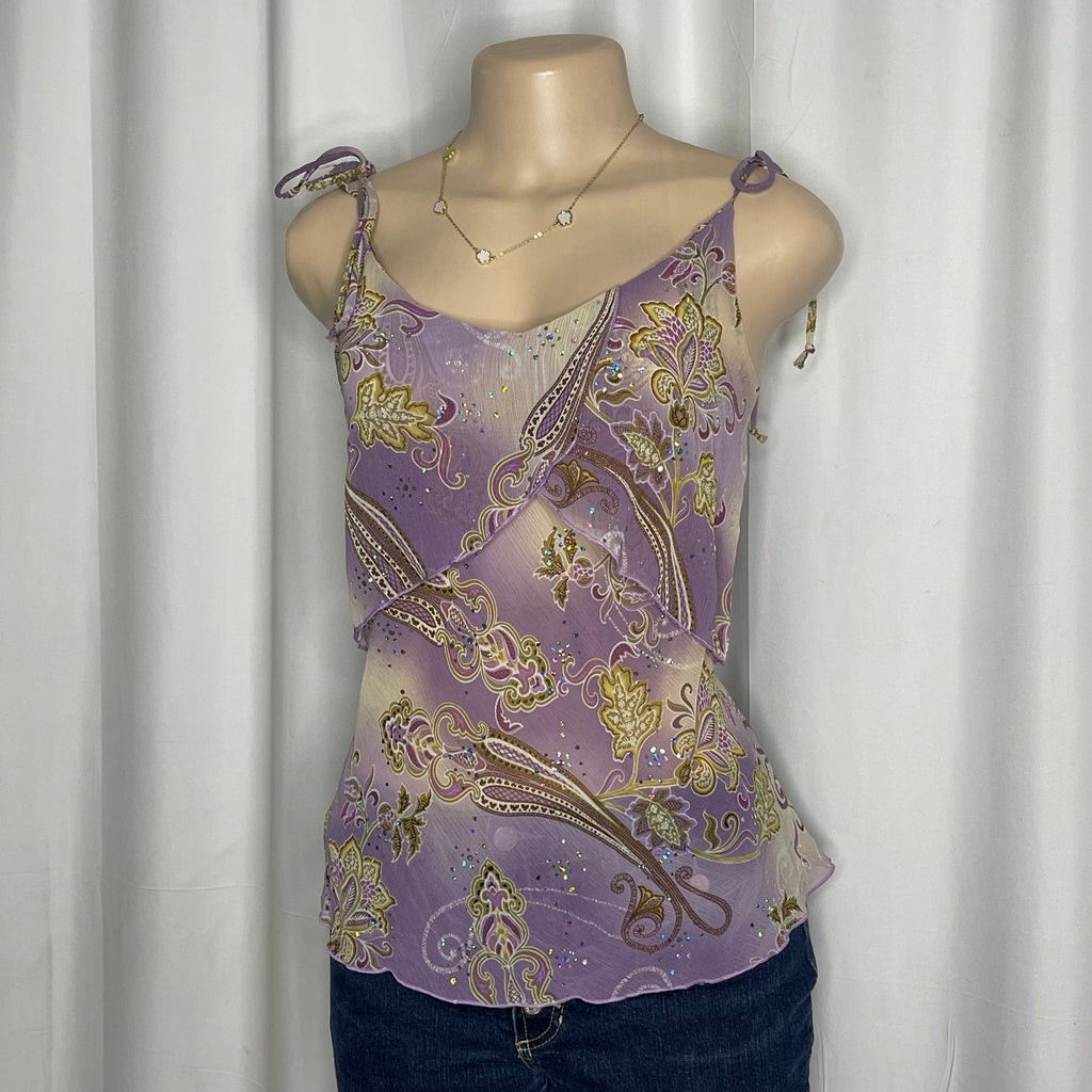 Purple floral paisley mesh camisole top with glittery details
