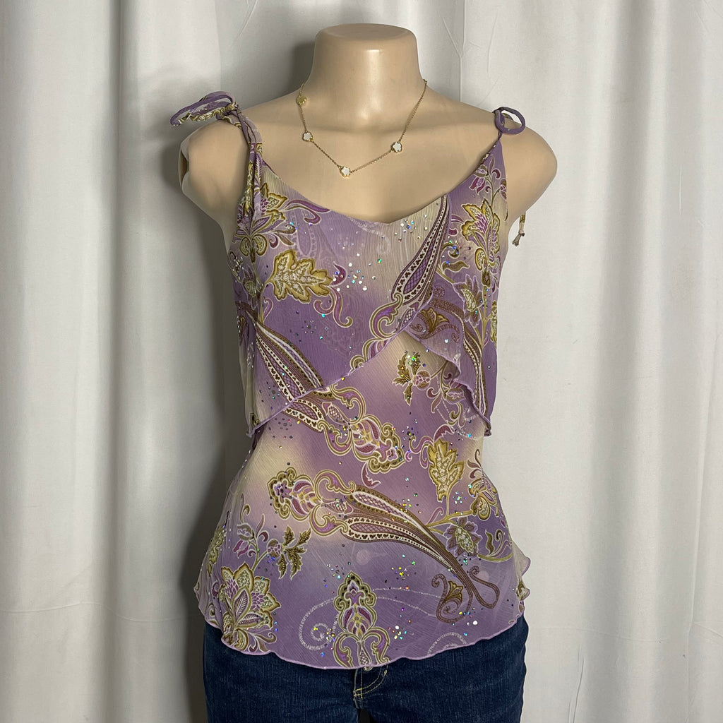 Purple floral paisley mesh camisole top with glittery details
