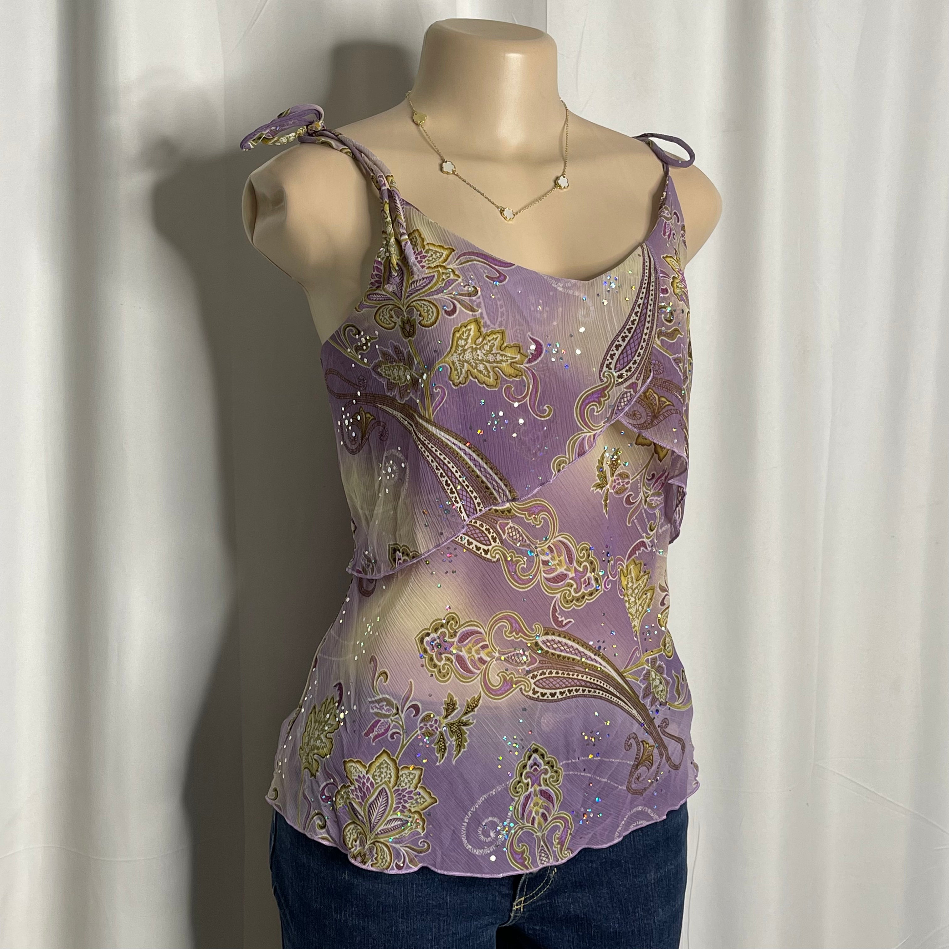 Purple floral paisley mesh camisole top with glittery details